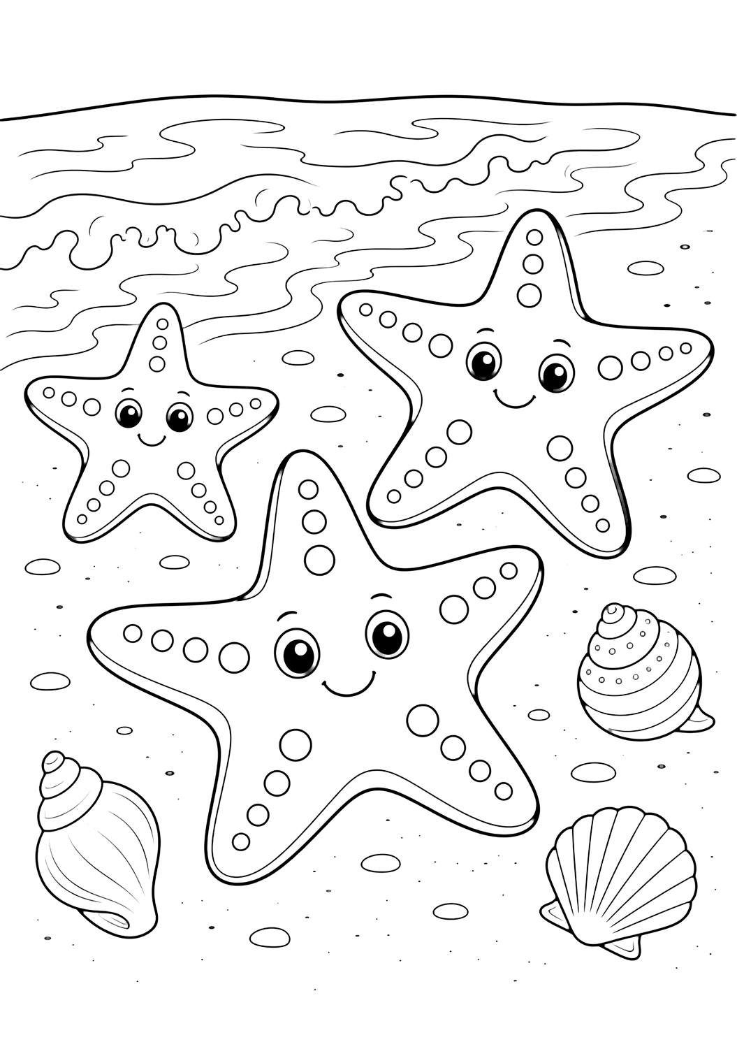 starfish family coloring page with three friendly starfish of different sizes on beach sand with a few shells and gentle wave marks for kids