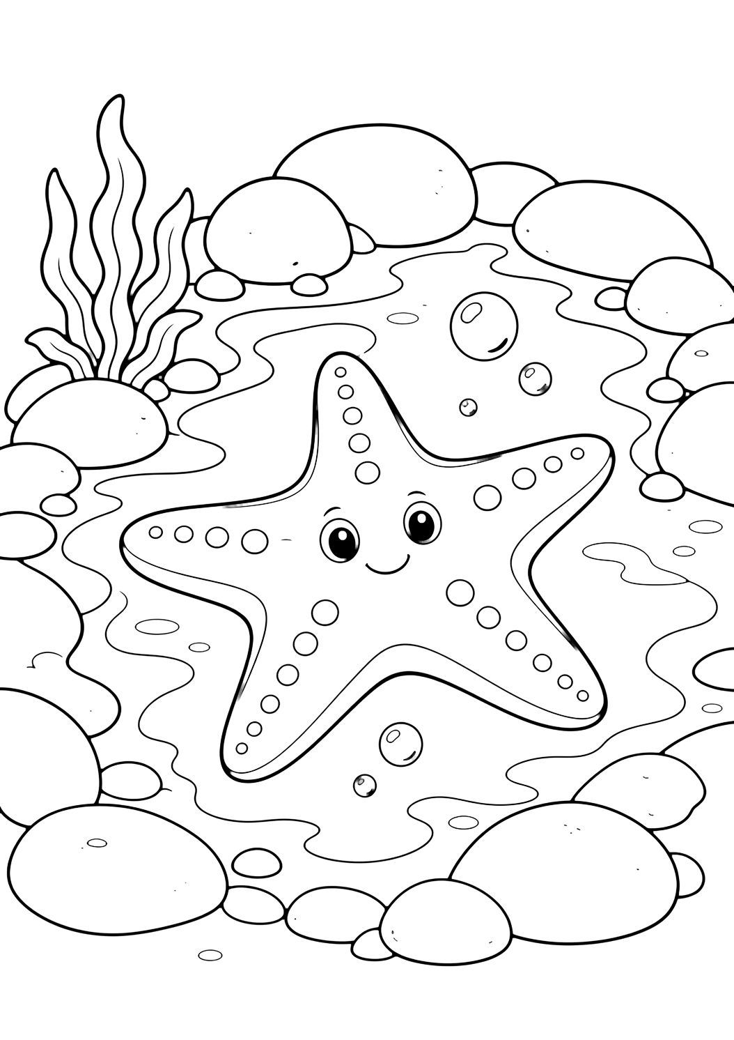 Coloriage avec Étoile de mer dans une mare de marée. Idéal pour enfants, thèmes de l'océan, impression et coloriage en ligne.