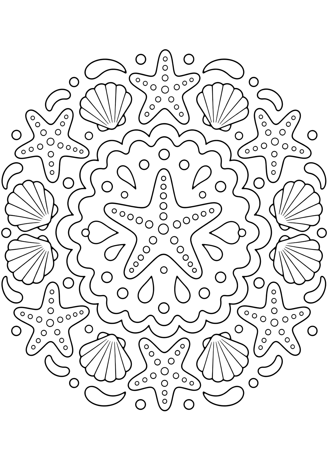 Ausmalbild mit Seestern-Mandala. Geeignet für Kinder, Ozeanthemen, Ausdrucke und Online-Ausmalen.