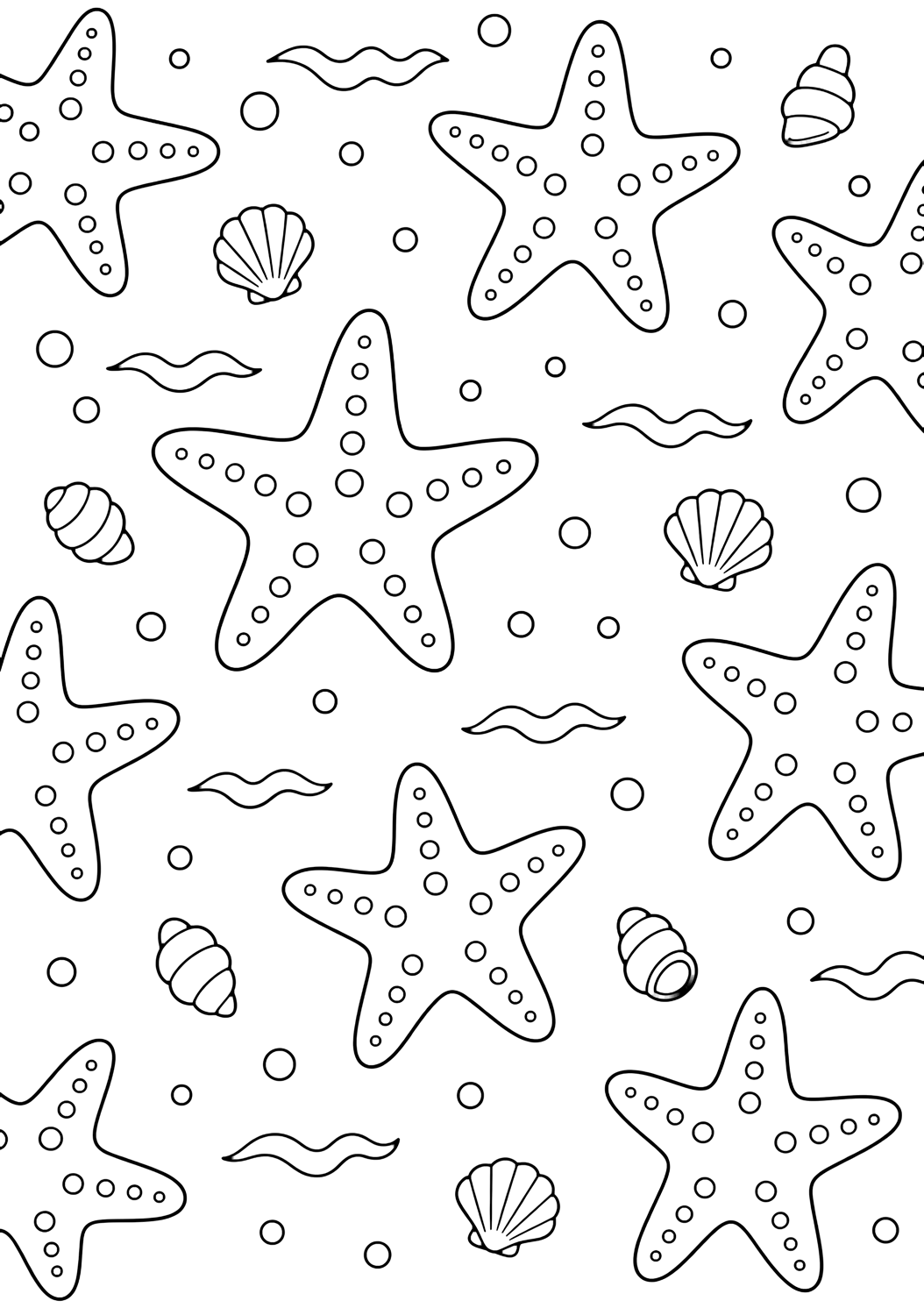 easy starfish pattern coloring page with a repeating pattern of large simple starfish, dots, tiny shells, and wave shapes with wide spaces between each object for kids