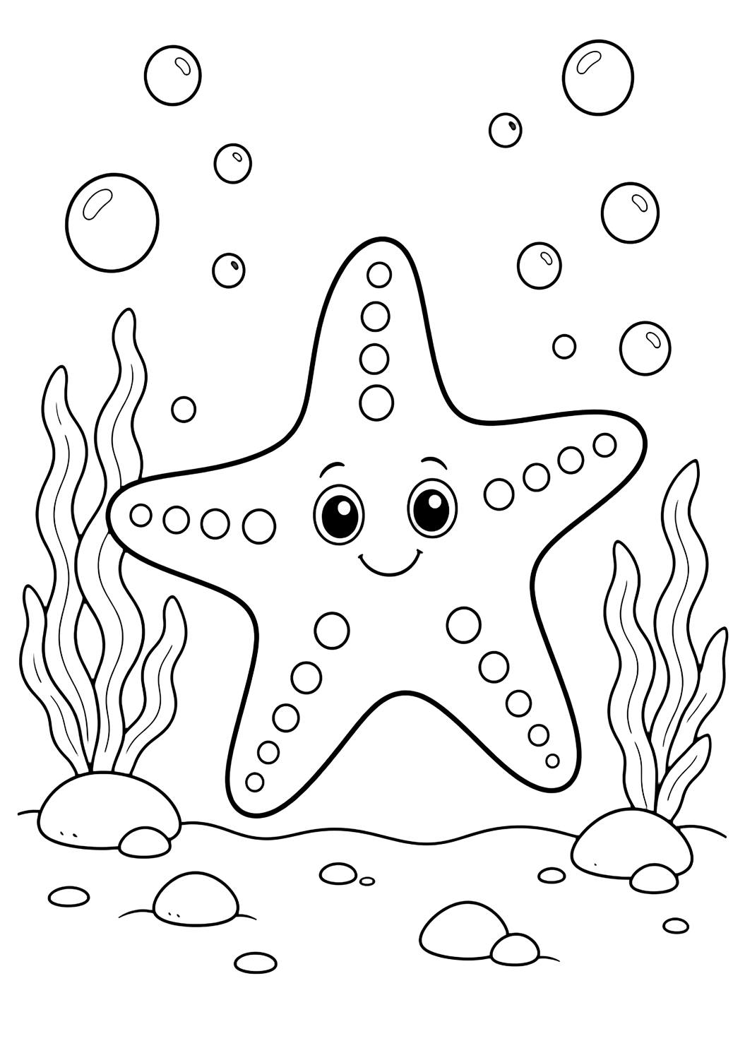 starfish with bubbles coloring page with a cheerful starfish underwater with large round bubbles, two sea plants, and plenty of white space for kids