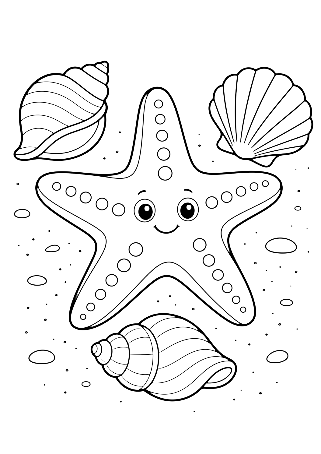 starfish with seashells coloring page with a starfish surrounded by three large seashells on beach sand with clean open space around the group for kids
