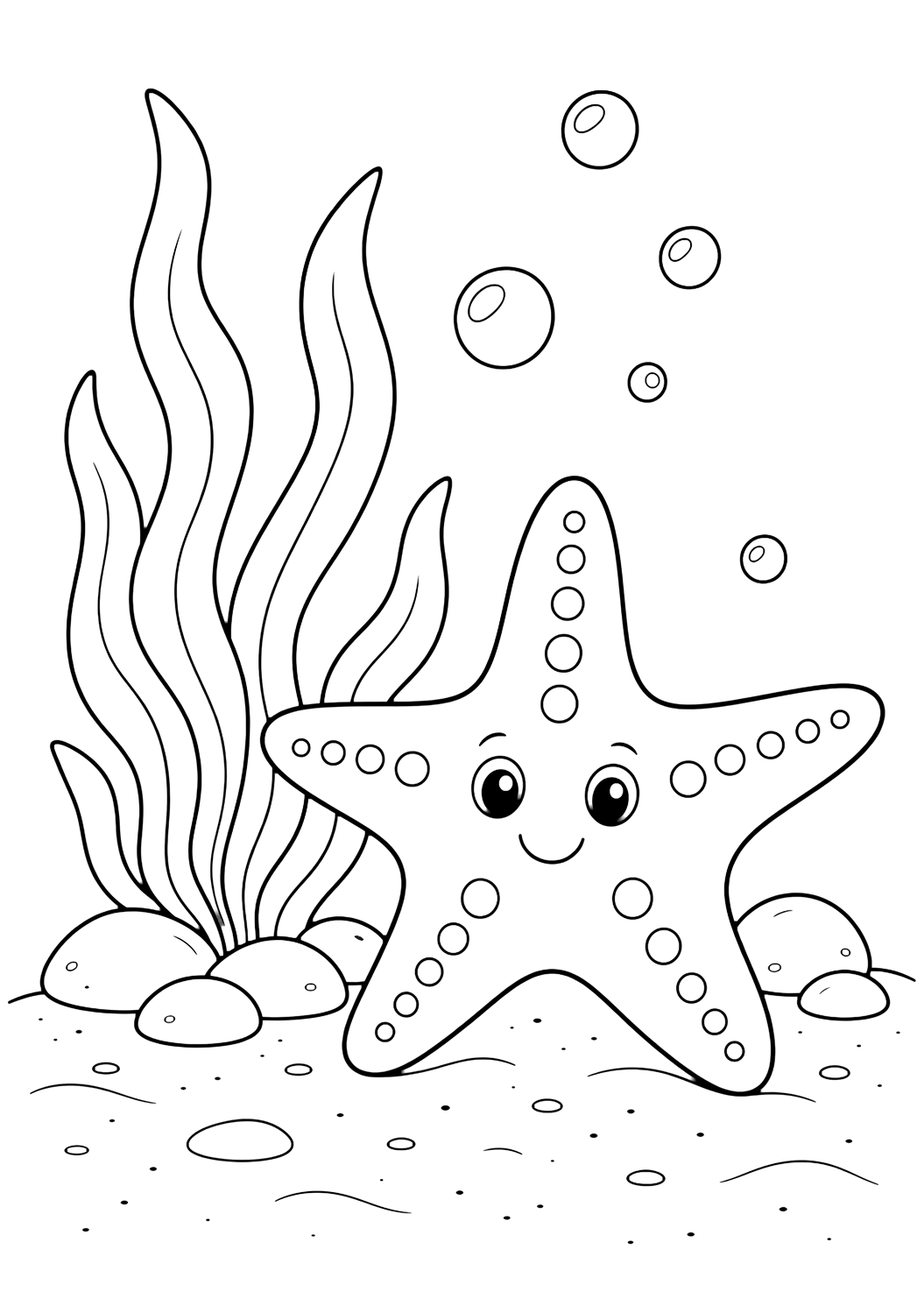 starfish with seaweed coloring page with a starfish beside tall simple seaweed leaves, a few bubbles, rounded rocks, and a sandy ocean floor for kids