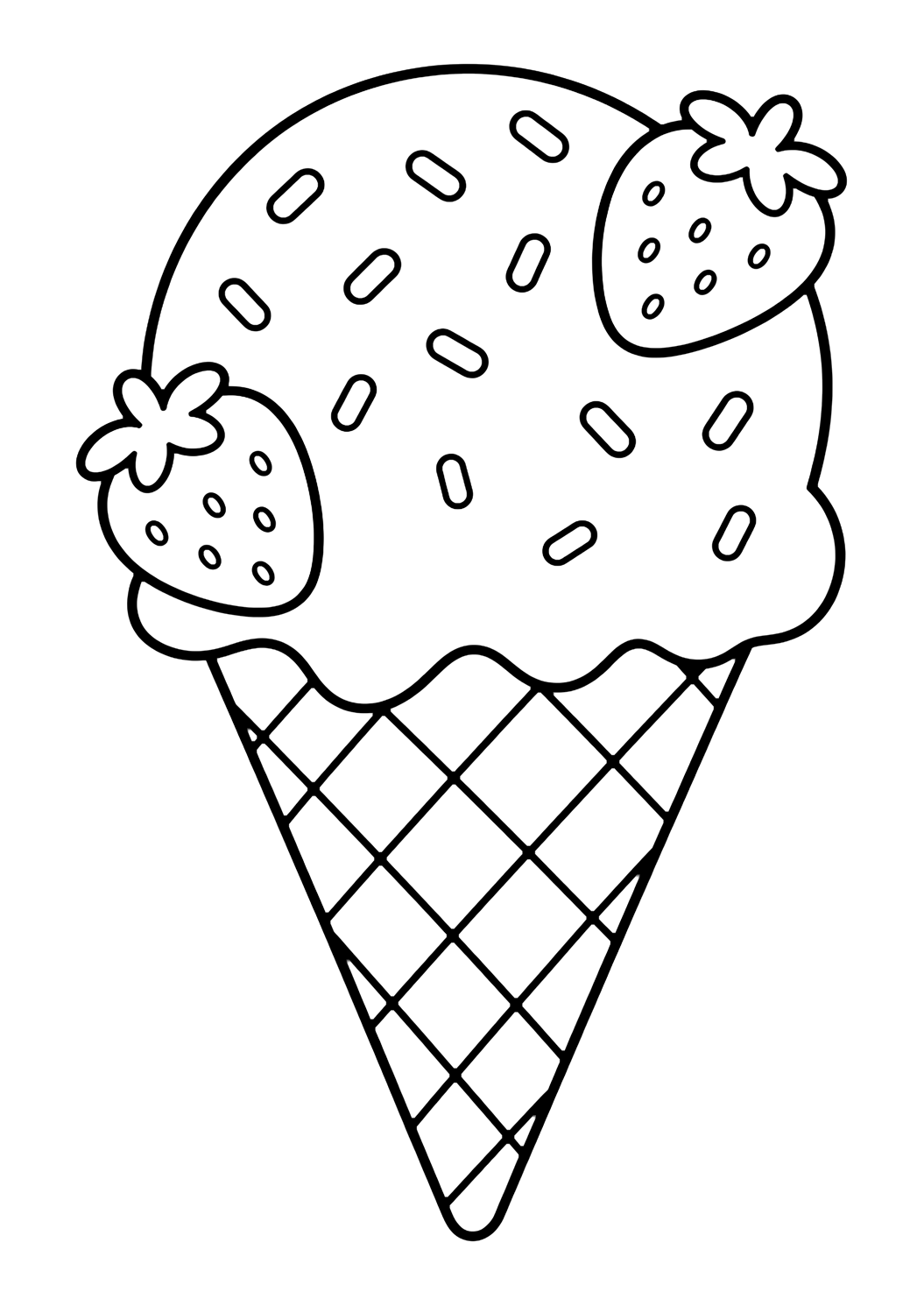 strawberry ice cream cone coloring page with a strawberry ice cream cone with one large scoop, two small strawberry shapes, a waffle cone, and a few sprinkles for kids