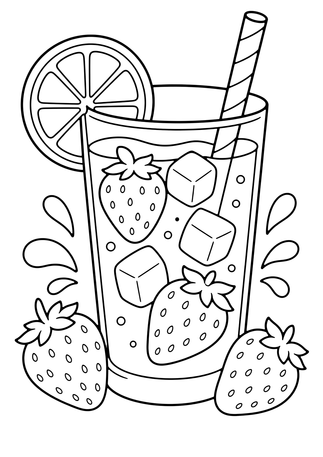 strawberry lemonade coloring page with a glass of strawberry lemonade with several strawberries, a lemon slice, straw, ice cubes, and rounded splash shapes