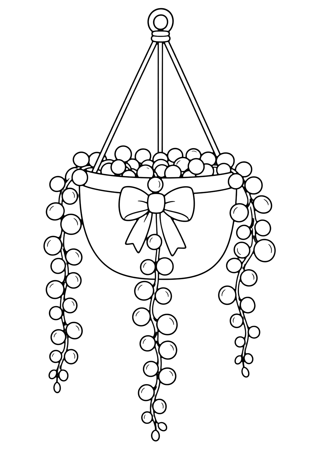 Collier de perles à colorier avec une succulente collier de perles dans un pot suspendu, trois tiges retombantes de feuilles rondes comme des perles, une suspension simple et un petit nœud sur le pot. Parfait pour les enfants qui aiment les coloriages de plantes d'intérieur à imprimer et à colorier en ligne.