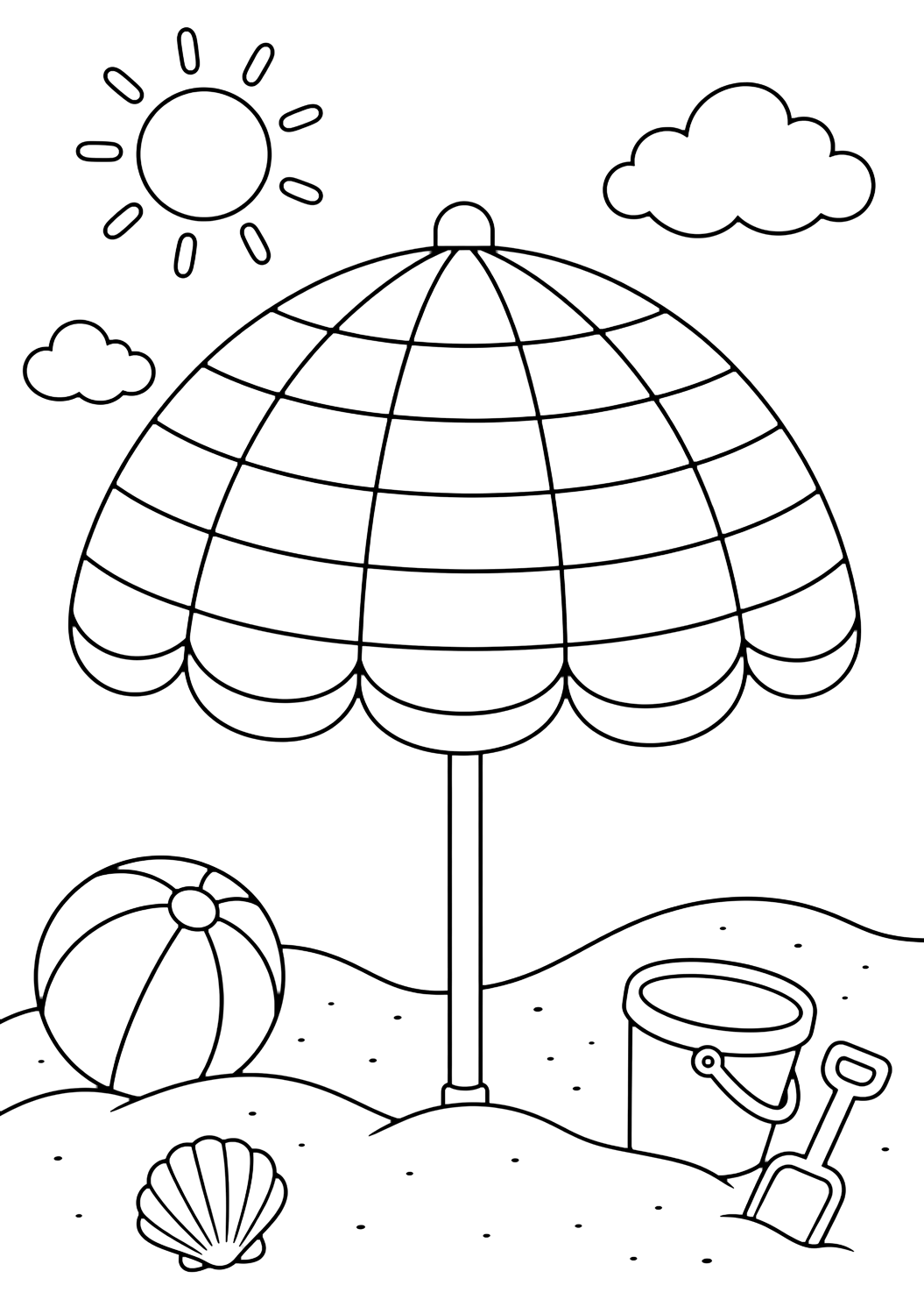 Página para colorear con sombrilla de playa de rayas. Ideal para niños, verano, playa, impresión y coloreado online.