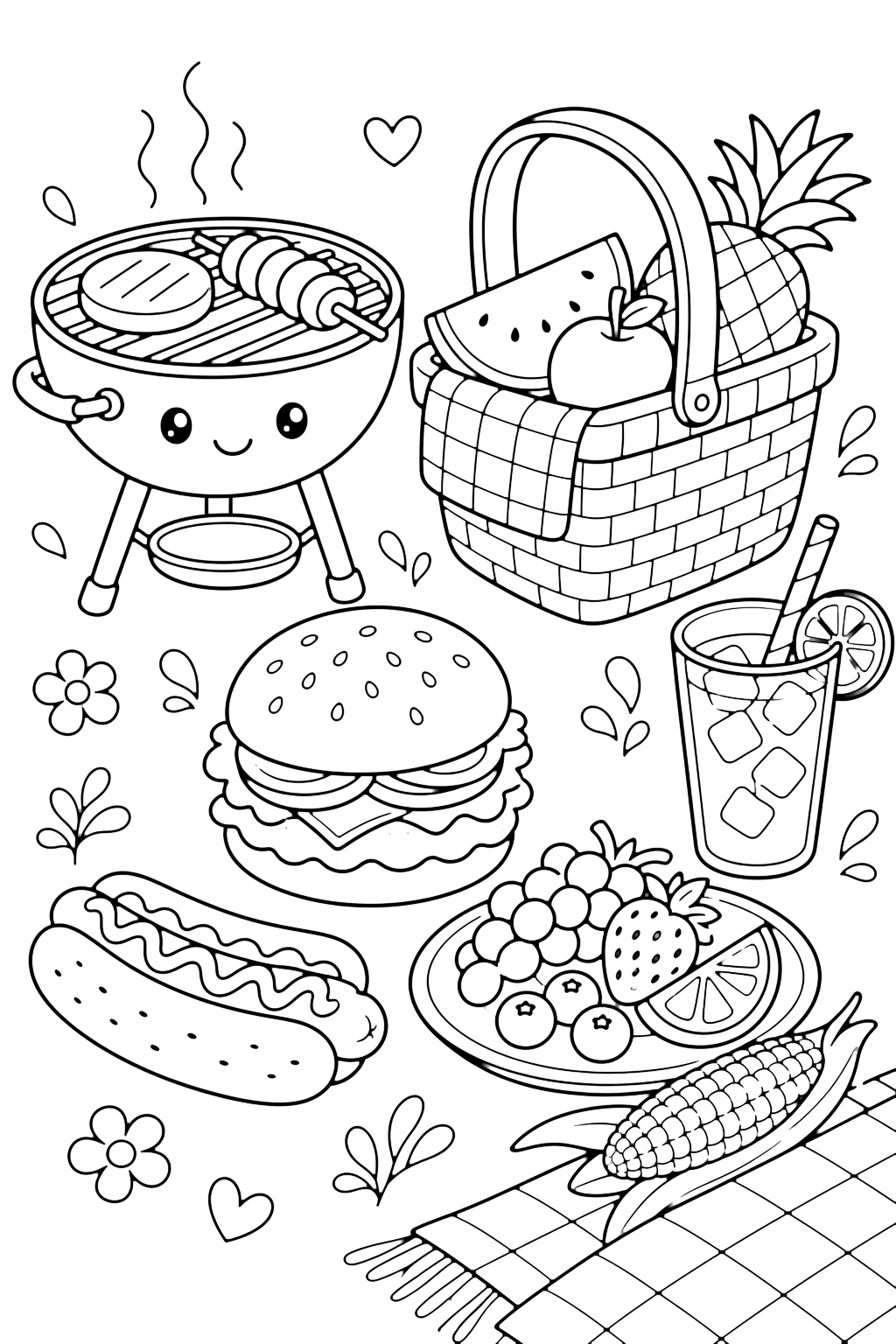 Dibujo de barbacoa y picnic con barbacoa y picnic de verano. Ideal para verano, impresión, descarga y coloreado online.