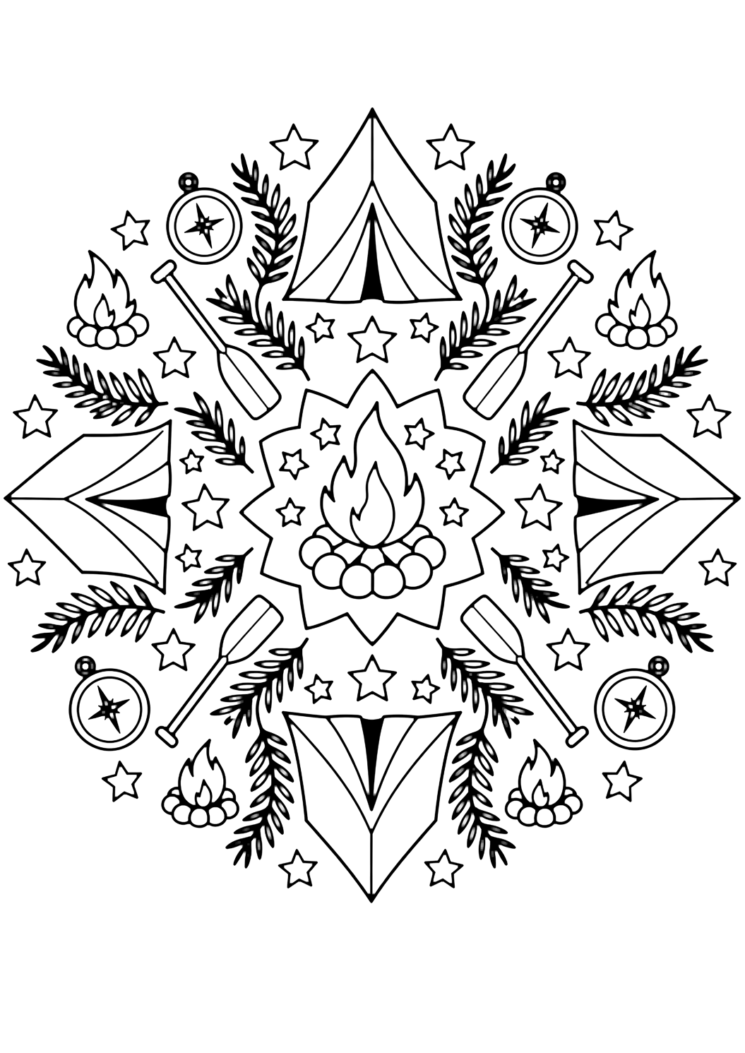 Coloriage de camp d'été avec mandala de camp d'été. Idéal pour imprimer, télécharger, colorier en ligne et activités calmes.