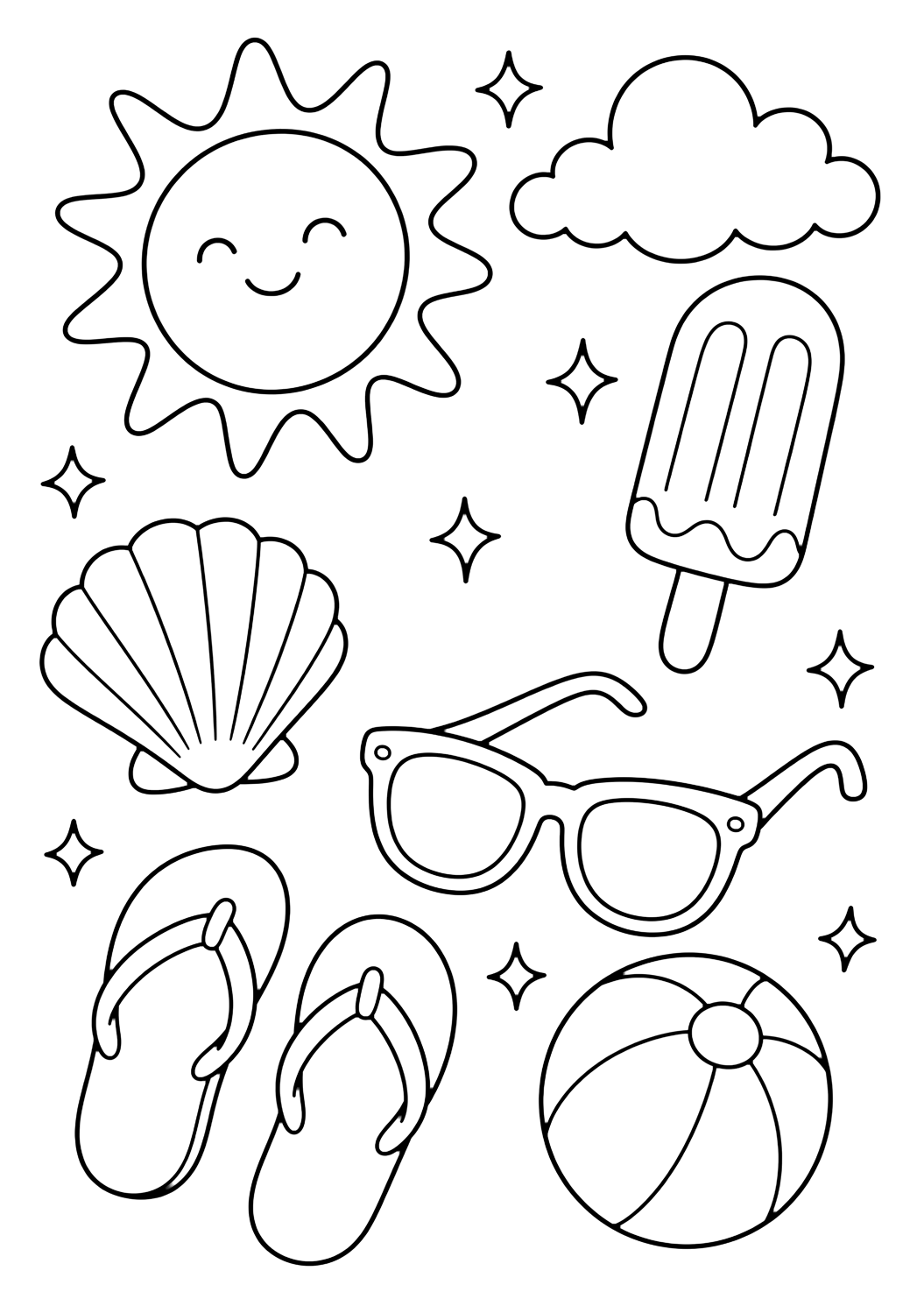 Лятна doodle картинка за оцветяване с летни doodle икони. Подходяща за деца, печат и онлайн оцветяване.