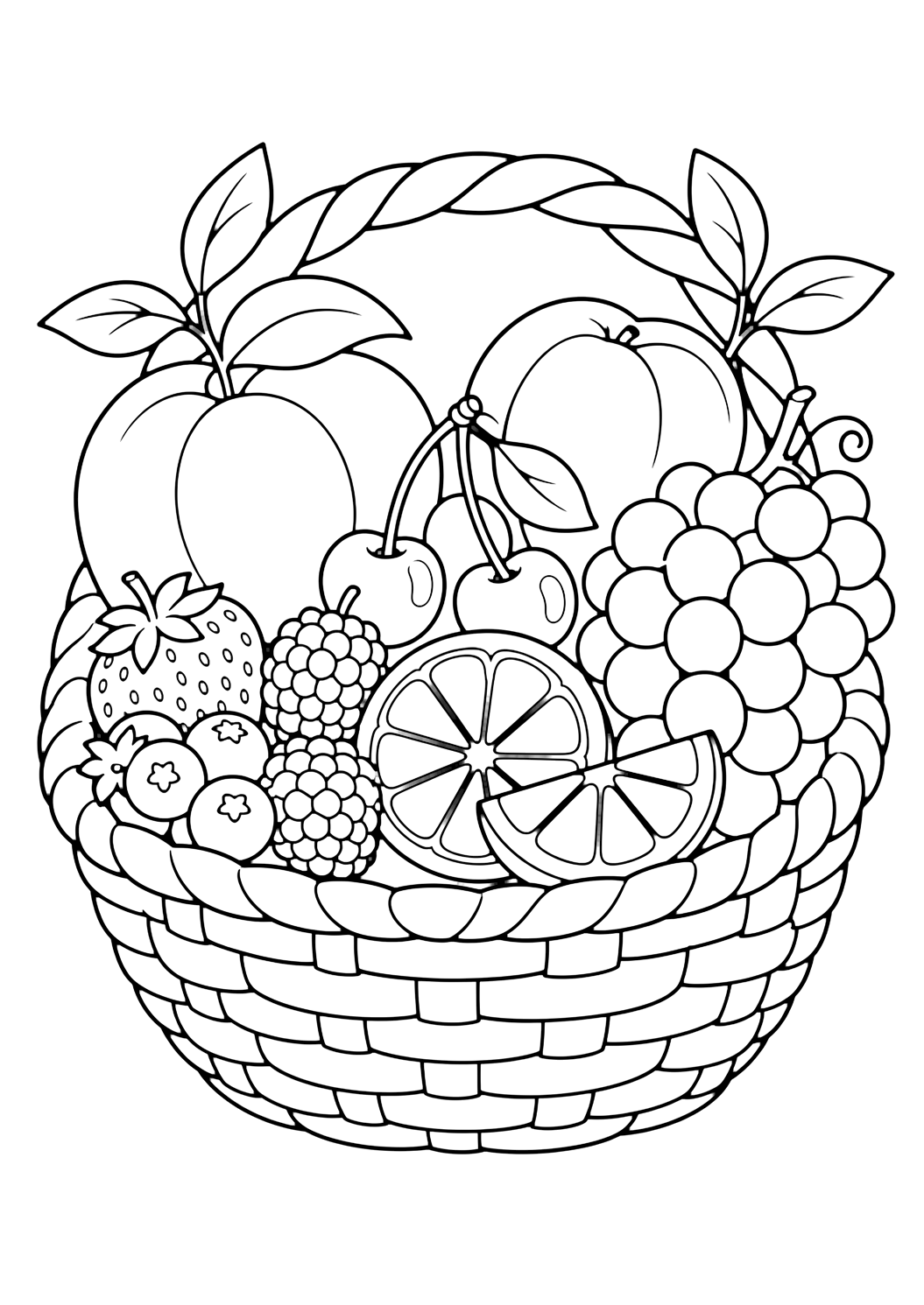 Sommerfrucht-Ausmalbild mit sommerlicher obstkorb. Geeignet für Kinder, Sommeraktivitäten, Ausdrucke und Online-Ausmalen.