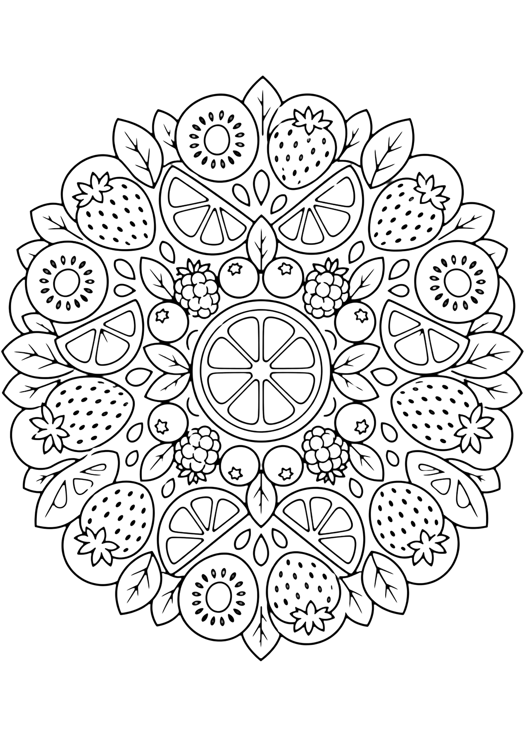summer fruit mandala coloring page with a centered circular mandala made from fruit slices, berries, leaves, citrus wedges, seed teardrops, and broad closed pattern spaces