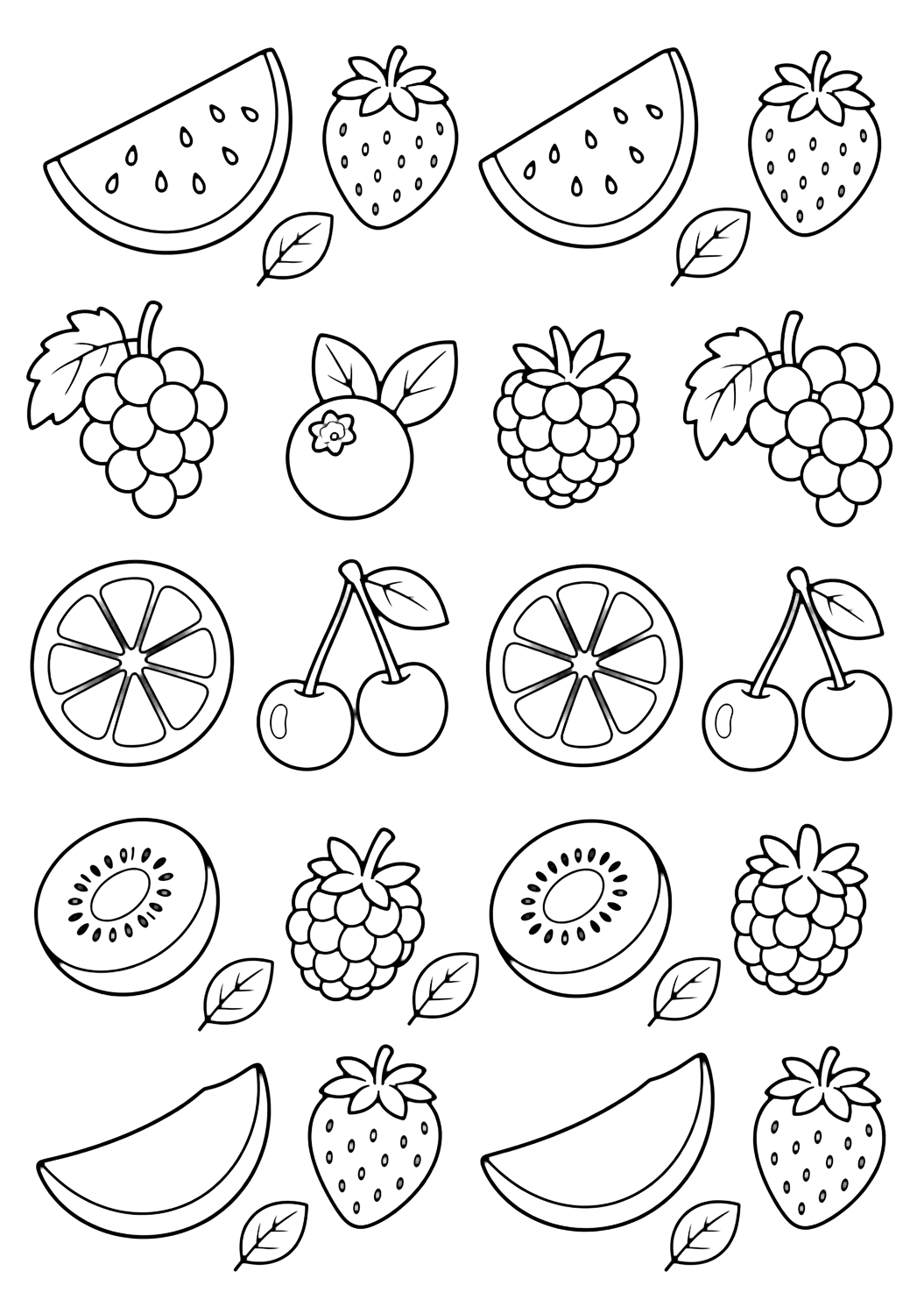 summer fruit repeating pattern coloring page with a neat row pattern of large fruit slices, berries, grapes, and leaves arranged with generous spacing and no circular mandala layout