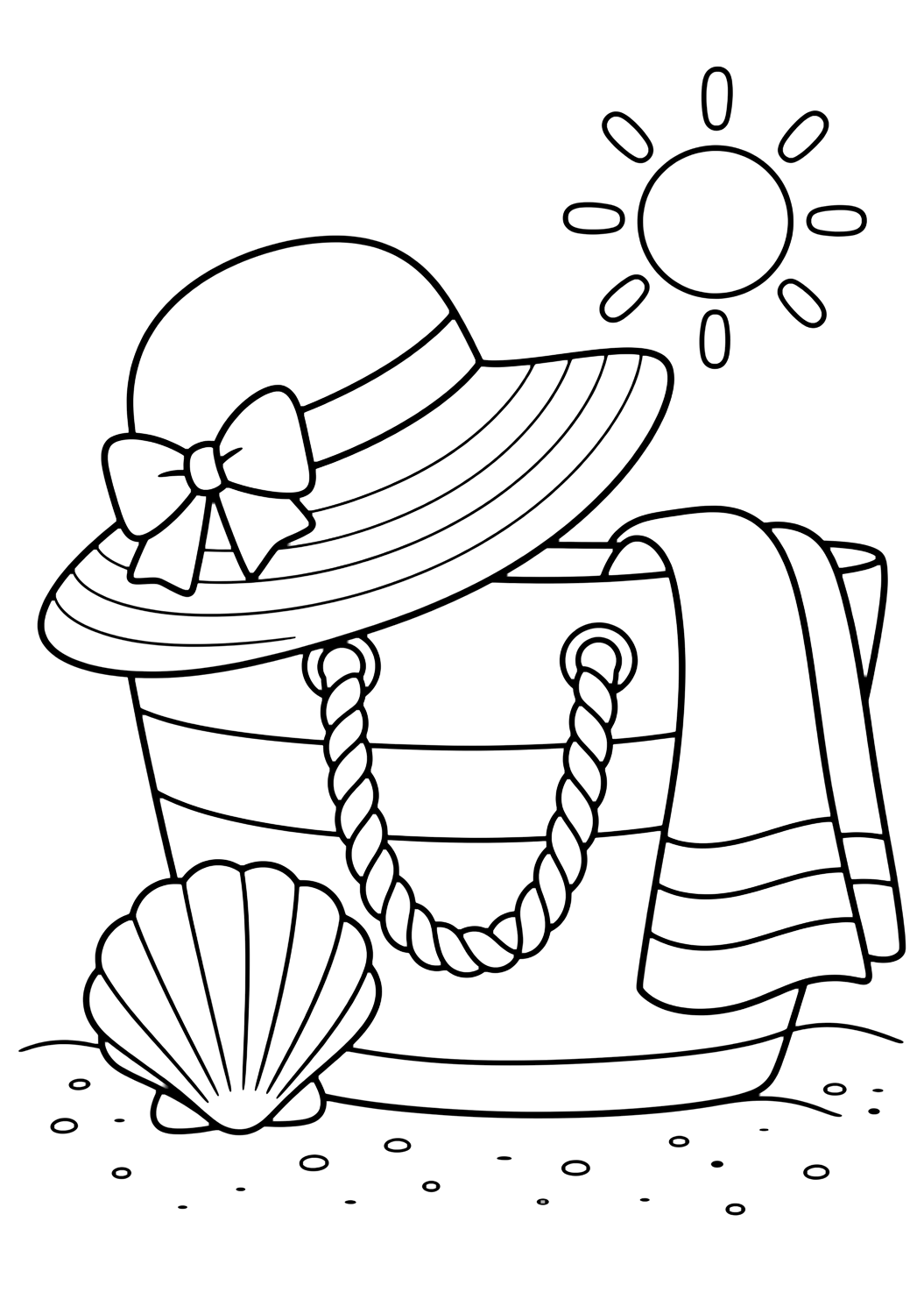 Coloriage avec chapeau d'été et sac de plage. Idéal pour enfants, été, impression et coloriage en ligne.