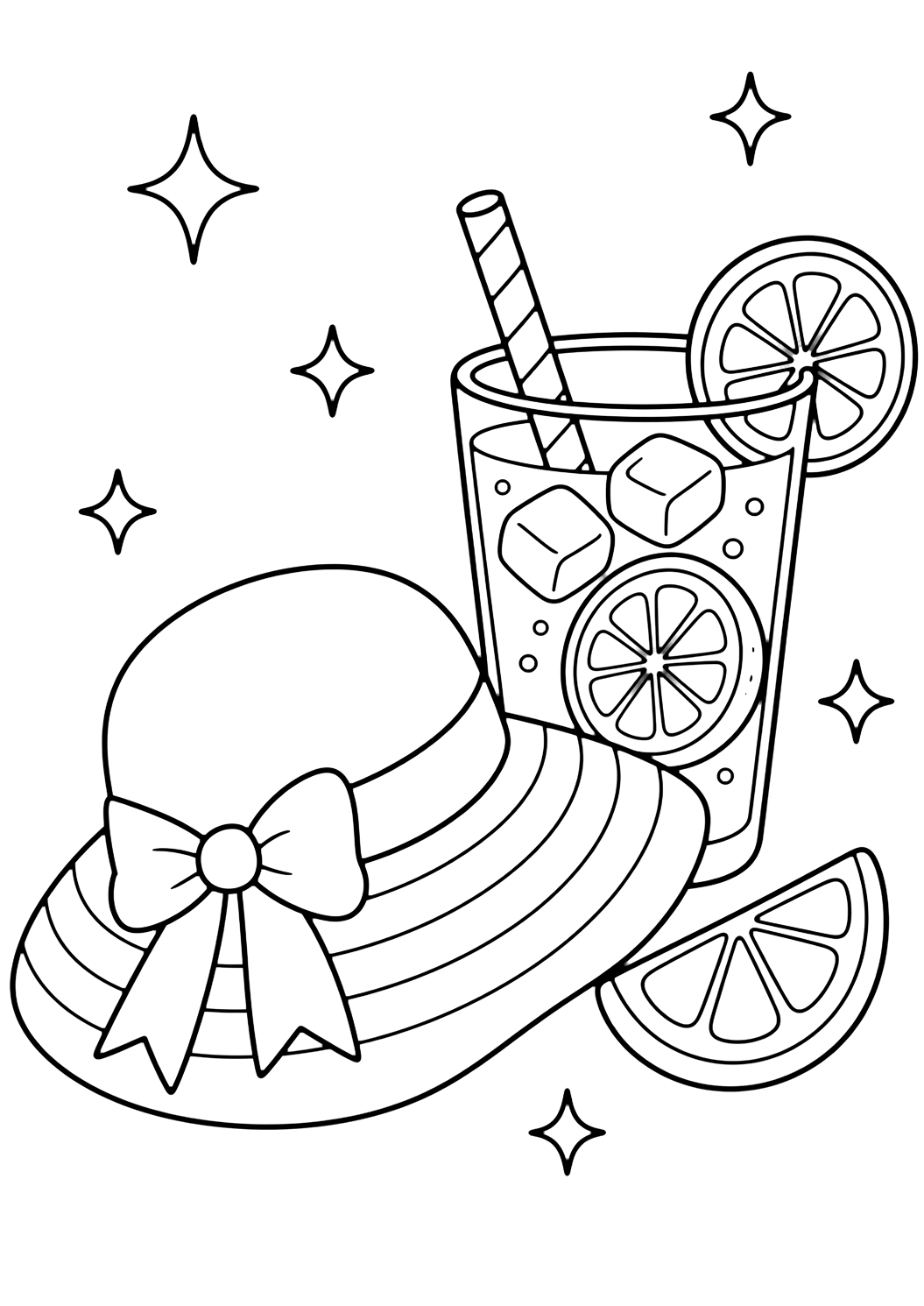 yaz şapkası ve limonata içeren boyama sayfası. Çocuklar, yaz, yazdırma ve çevrim içi boyama için uygundur.