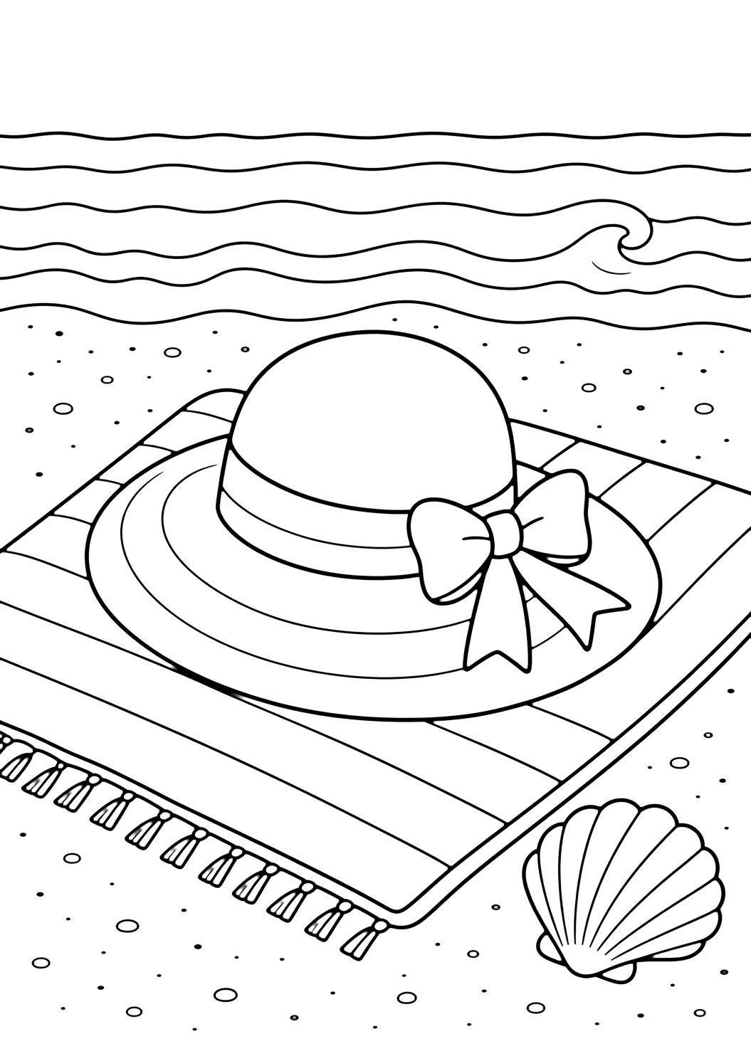 Coloriage avec chapeau d'été sur serviette de plage. Idéal pour enfants, été, impression et coloriage en ligne.