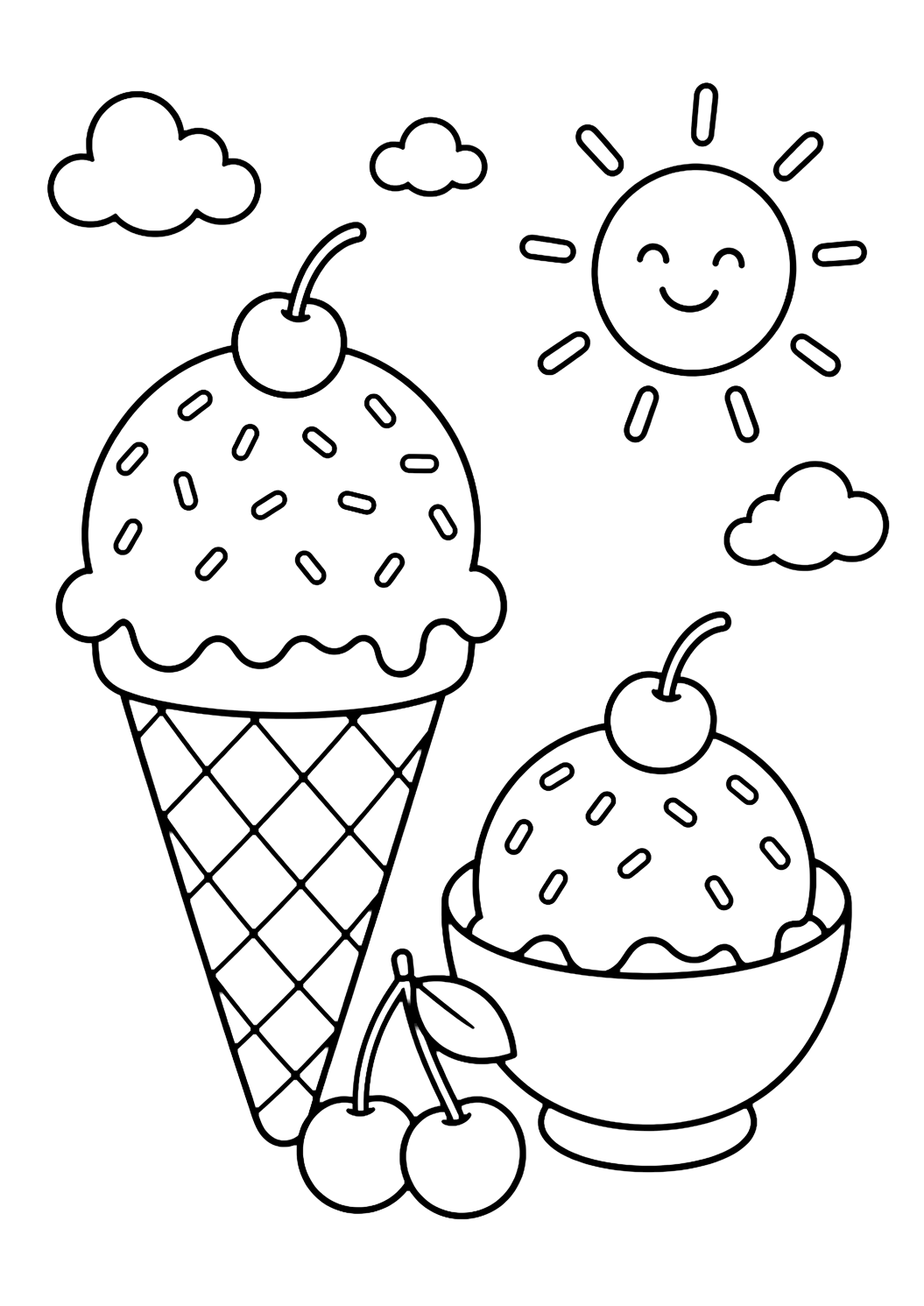 summer ice cream dessert coloring page with a cheerful summer ice cream dessert with a cone, one small bowl, sprinkles, cherries, a tiny sun, and open sky, with no text for kids