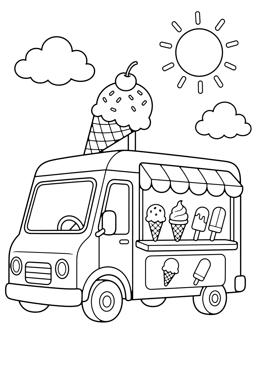 Eiswagen-Ausmalbild mit sommerliche eiswagen-szene. Geeignet für Kinder, Sommeraktivitäten, Ausdrucke und Online-Ausmalen.