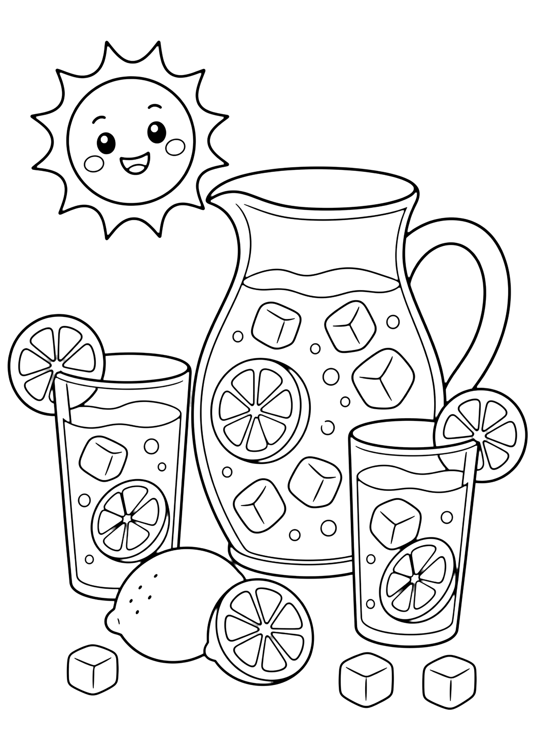 summer lemonade treats coloring page with a cheerful summer lemonade scene with one pitcher, two glasses, lemon slices, ice cubes, a small smiling sun, and open white space