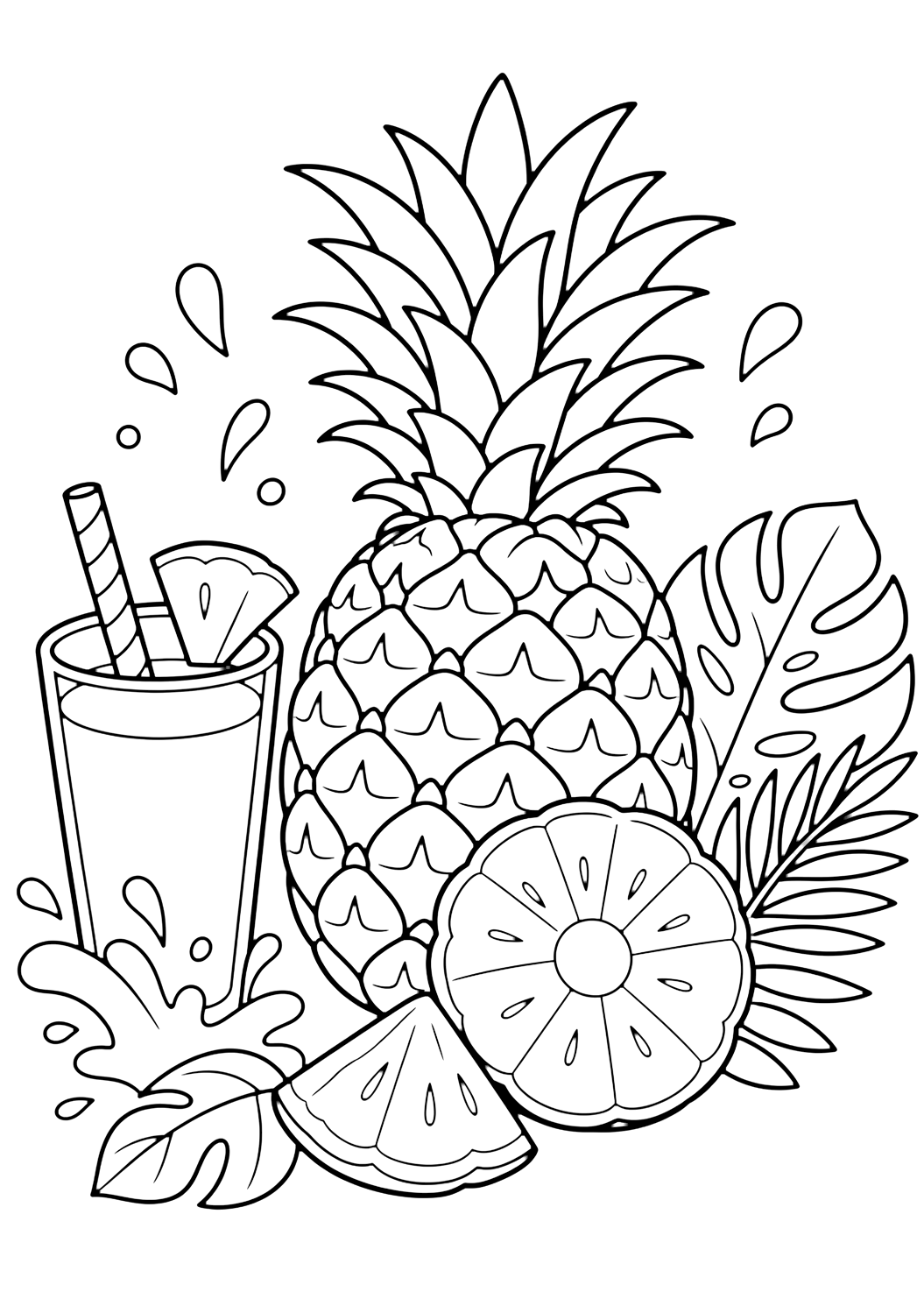 summer pineapple treats coloring page with a cheerful summer tropical fruit scene with a whole pineapple, two slices, a juice glass, leaves, splash drops, and open white space
