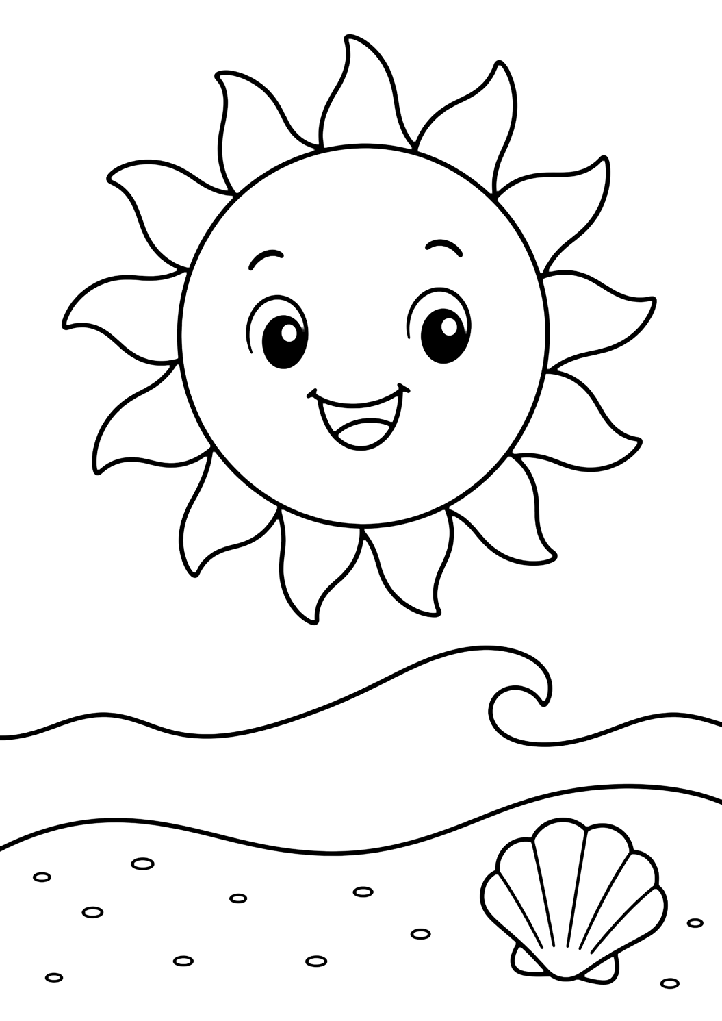 Sonne-Ausmalbild mit sommersonne über dem strand. Geeignet für Kinder, Sommer, Ausdrucke und Online-Ausmalen.