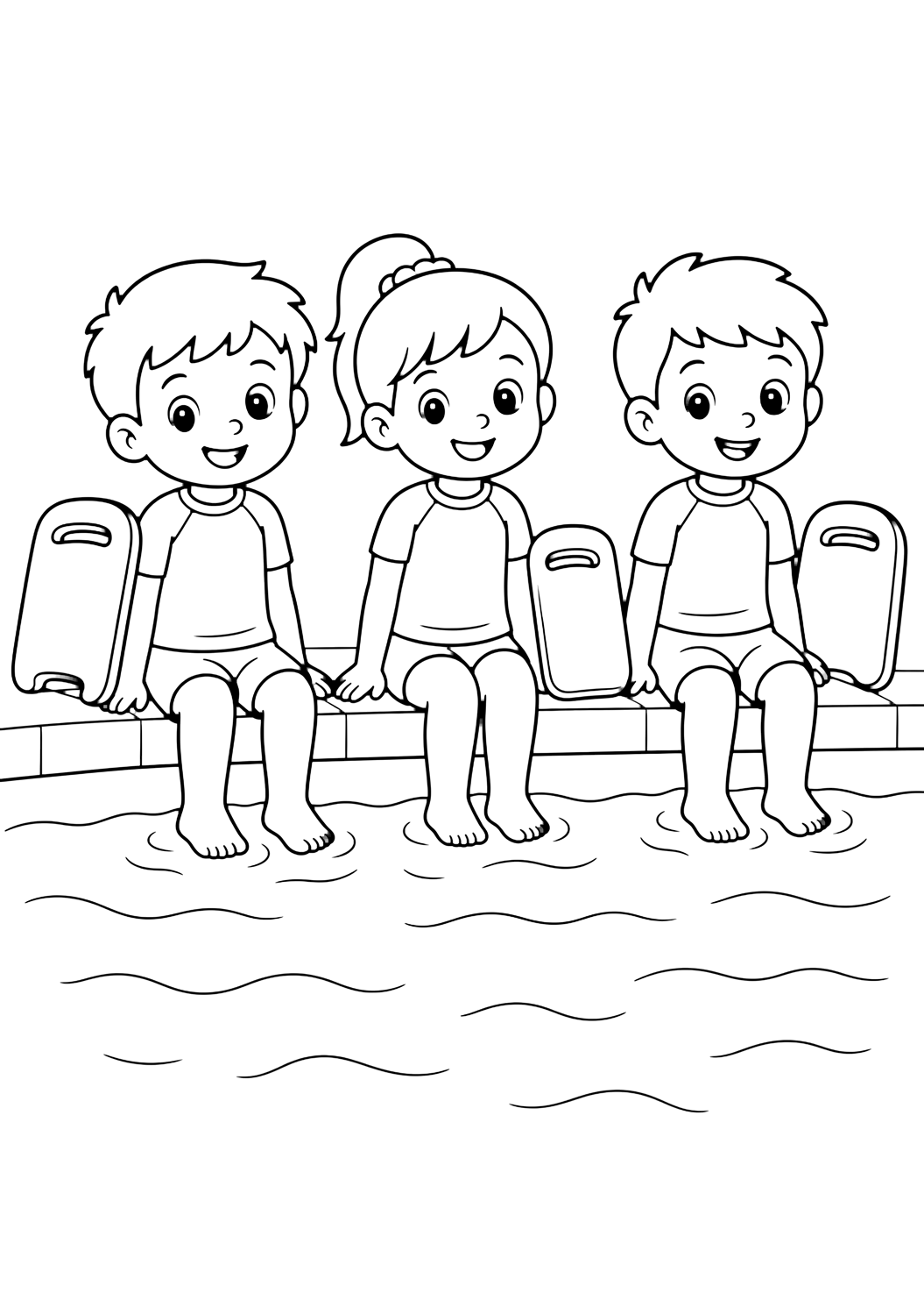 Картинка за оцветяване с плуване: летен клас по плуване. Подходяща за деца, лято, печат и онлайн оцветяване.
