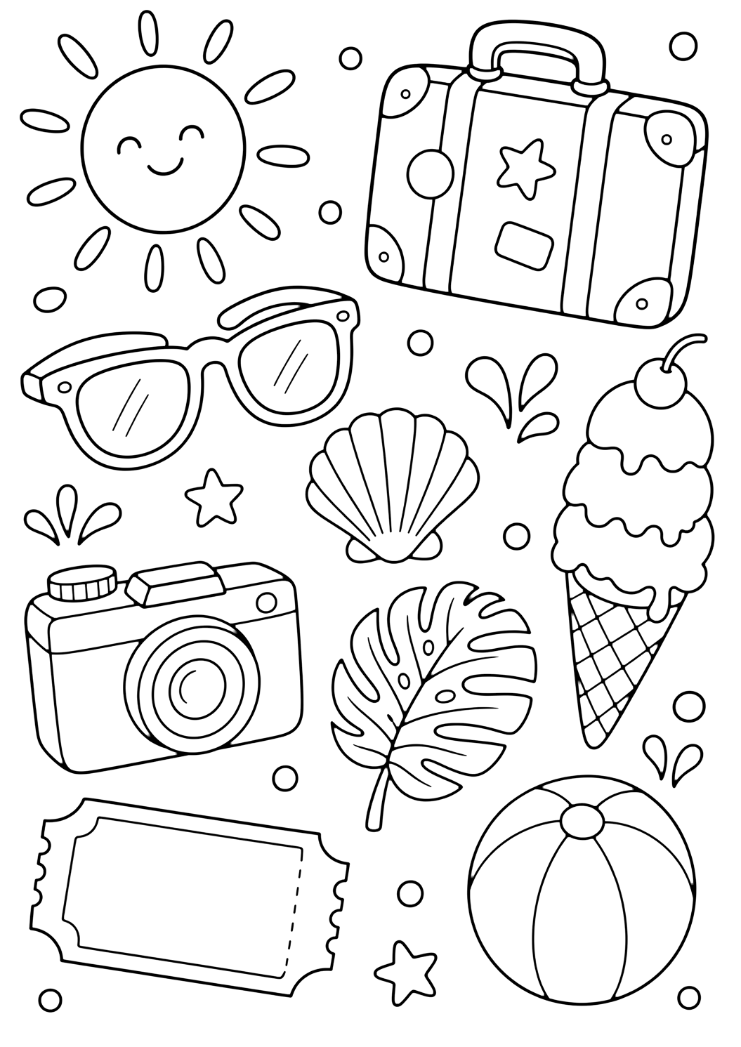 Лятна doodle картинка за оцветяване с лятна ваканция doodle. Подходяща за деца, печат и онлайн оцветяване.