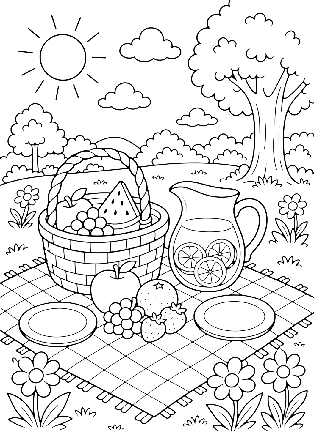 summer vacation picnic coloring page with a picnic blanket with basket, fruit, lemonade pitcher without label, plates, flowers, and a sunny park background