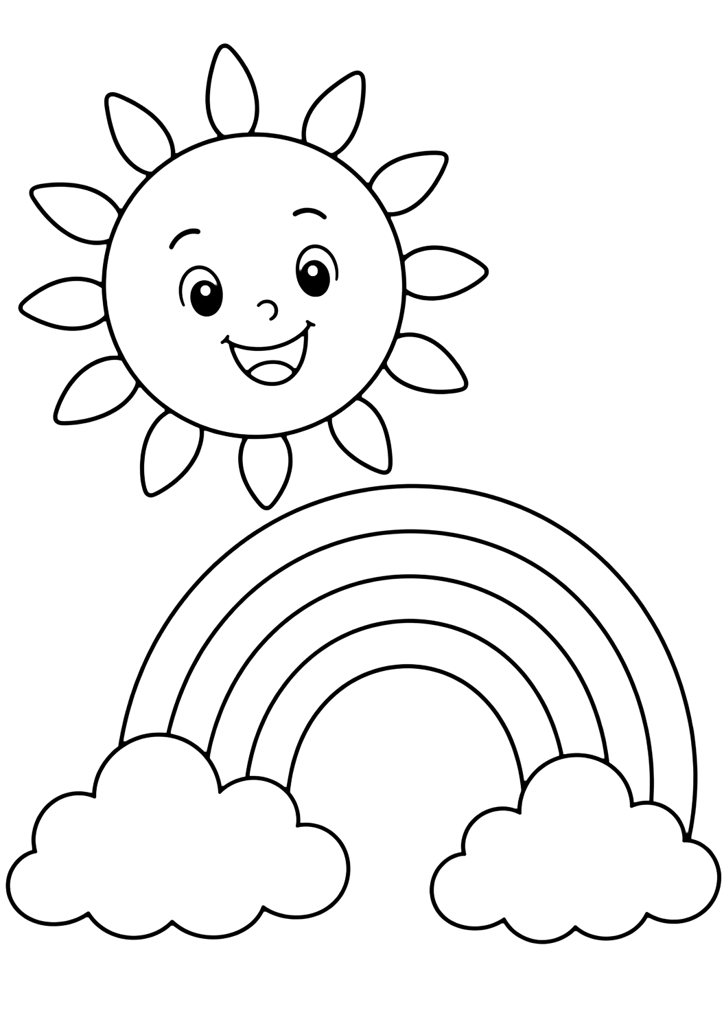Coloriage de soleil avec soleil et arc-en-ciel. Idéal pour enfants, été, impression et coloriage en ligne.