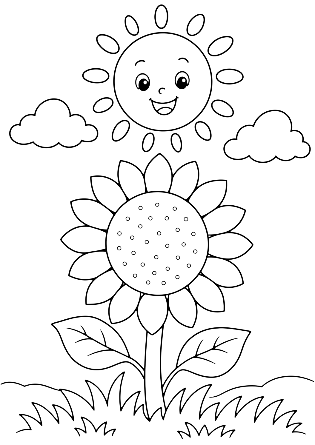 sun and sunflower coloring page with a smiling sun above one large sunflower with leaves, grass, and open sky for kids