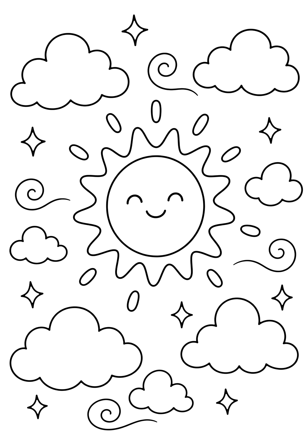 Лятна doodle картинка за оцветяване с слънце и облаци doodle. Подходяща за деца, печат и онлайн оцветяване.