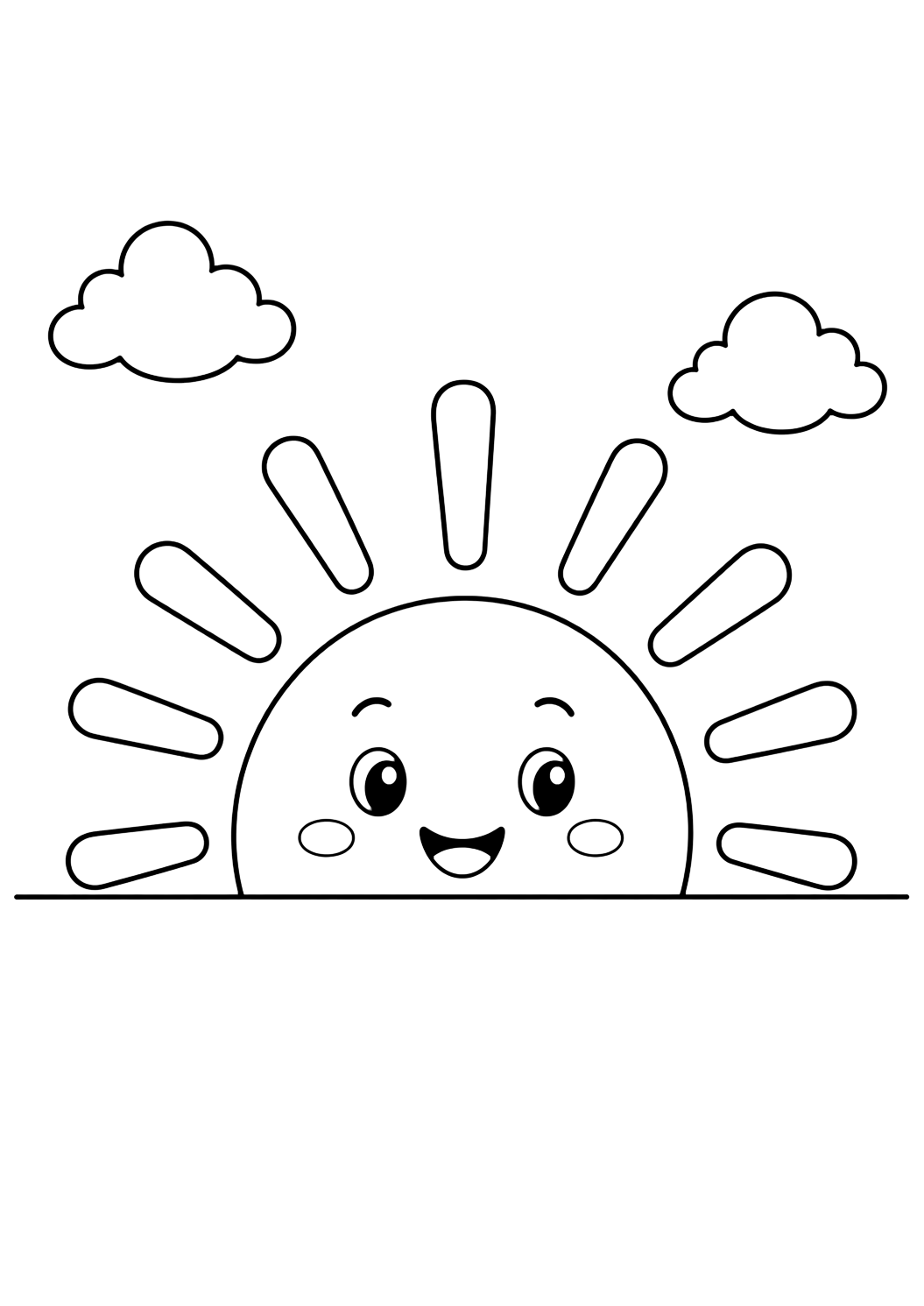 sun peeking over horizon coloring page with a cute half sun peeking over a straight horizon line with simple rays and two tiny clouds for kids
