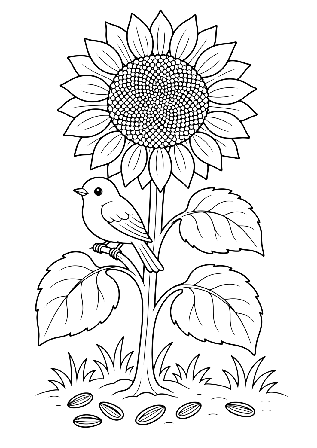 sunflower with bird coloring page with a tall sunflower with a small friendly bird perched on the stem, leaves, grass, and a few sunflower seeds for kids