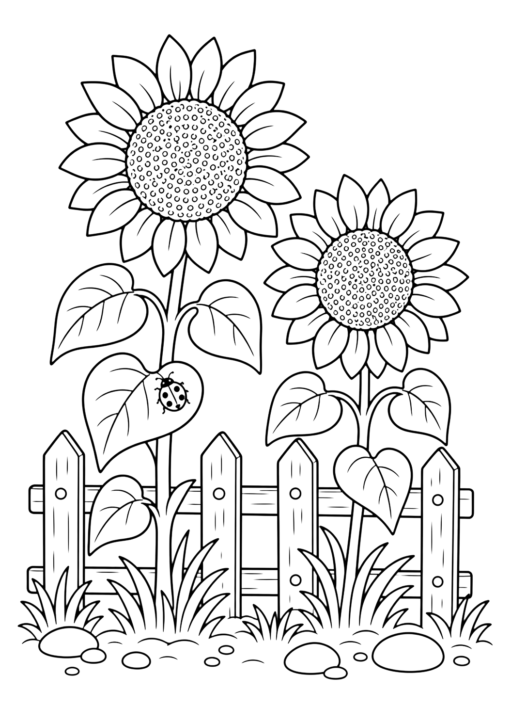 Sonnenblumen am Gartenzaun Ausmalbild mit Sonnenblumen mit großen runden Blütenmitten, breiten Blütenblättern, Blättern und kleinen Gartendetails. Ideal für Kinder, die Sonnenblumen-Ausmalbilder zum Ausdrucken und Online-Ausmalen mögen.