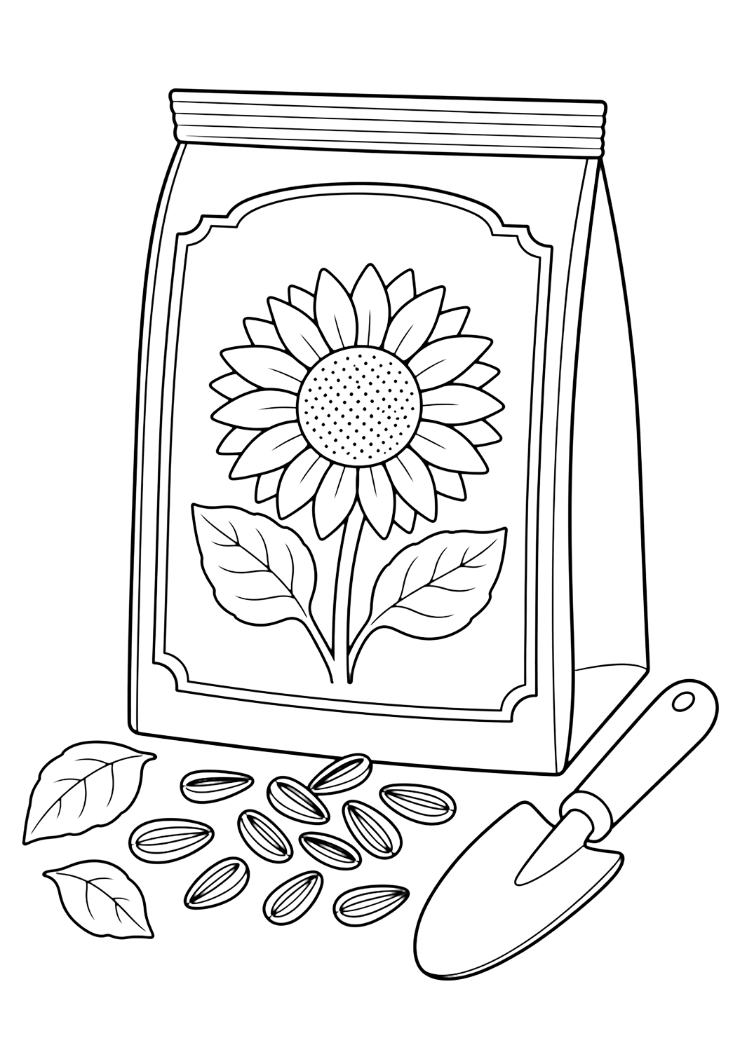 Sonnenblumen-Samentüte Ausmalbild mit Sonnenblumen mit großen runden Blütenmitten, breiten Blütenblättern, Blättern und kleinen Gartendetails. Ideal für Kinder, die Sonnenblumen-Ausmalbilder zum Ausdrucken und Online-Ausmalen mögen.