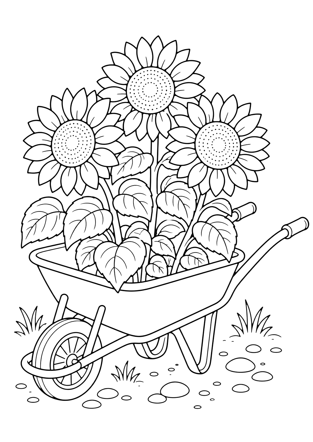 sunflower wheelbarrow coloring page with a garden wheelbarrow full of sunflowers, leafy stems, one front wheel, handles, grass, pebbles, and small soil details for kids