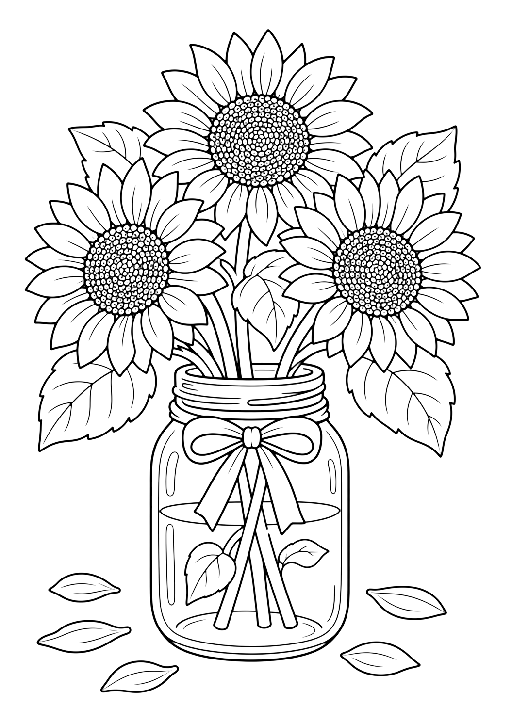 Sonnenblumen im Glas Ausmalbild mit Sonnenblumen mit großen runden Blütenmitten, breiten Blütenblättern, Blättern und kleinen Gartendetails. Ideal für Kinder, die Sonnenblumen-Ausmalbilder zum Ausdrucken und Online-Ausmalen mögen.