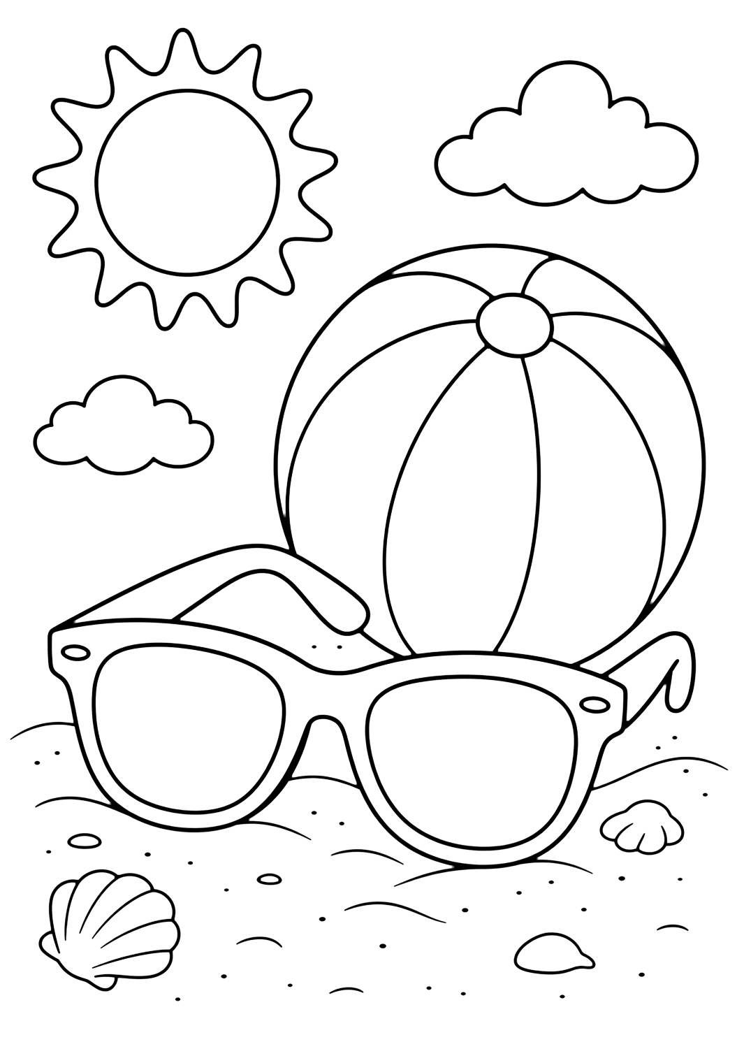 sunglasses and beach ball coloring page with sunglasses beside one striped beach ball with a simple sun, two clouds, and sand shapes