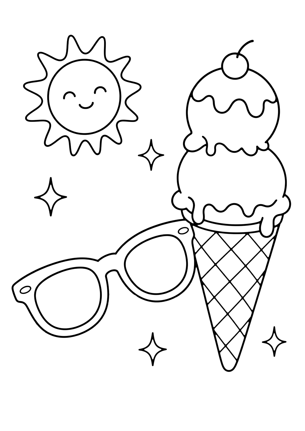 Disegno di occhiali da sole con occhiali da sole e gelato. Adatto a stampa, download, colorazione online e attività estive.