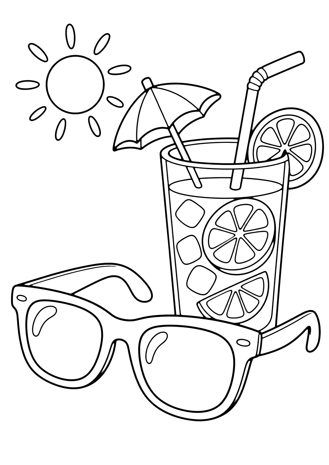 sunglasses and lemonade coloring page with sunglasses beside a lemonade glass with straw, lemon slice, small umbrella shape, and sun rays