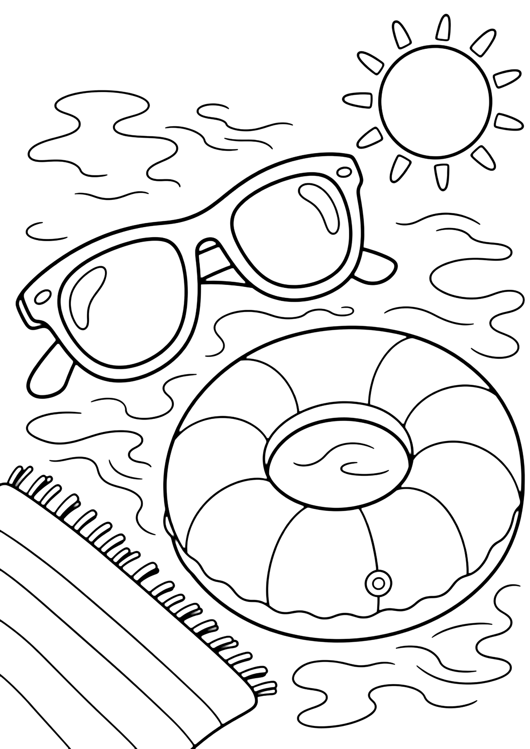 sunglasses and pool float coloring page with sunglasses beside a simple round pool float, gentle water ripples, small sun, and towel corner