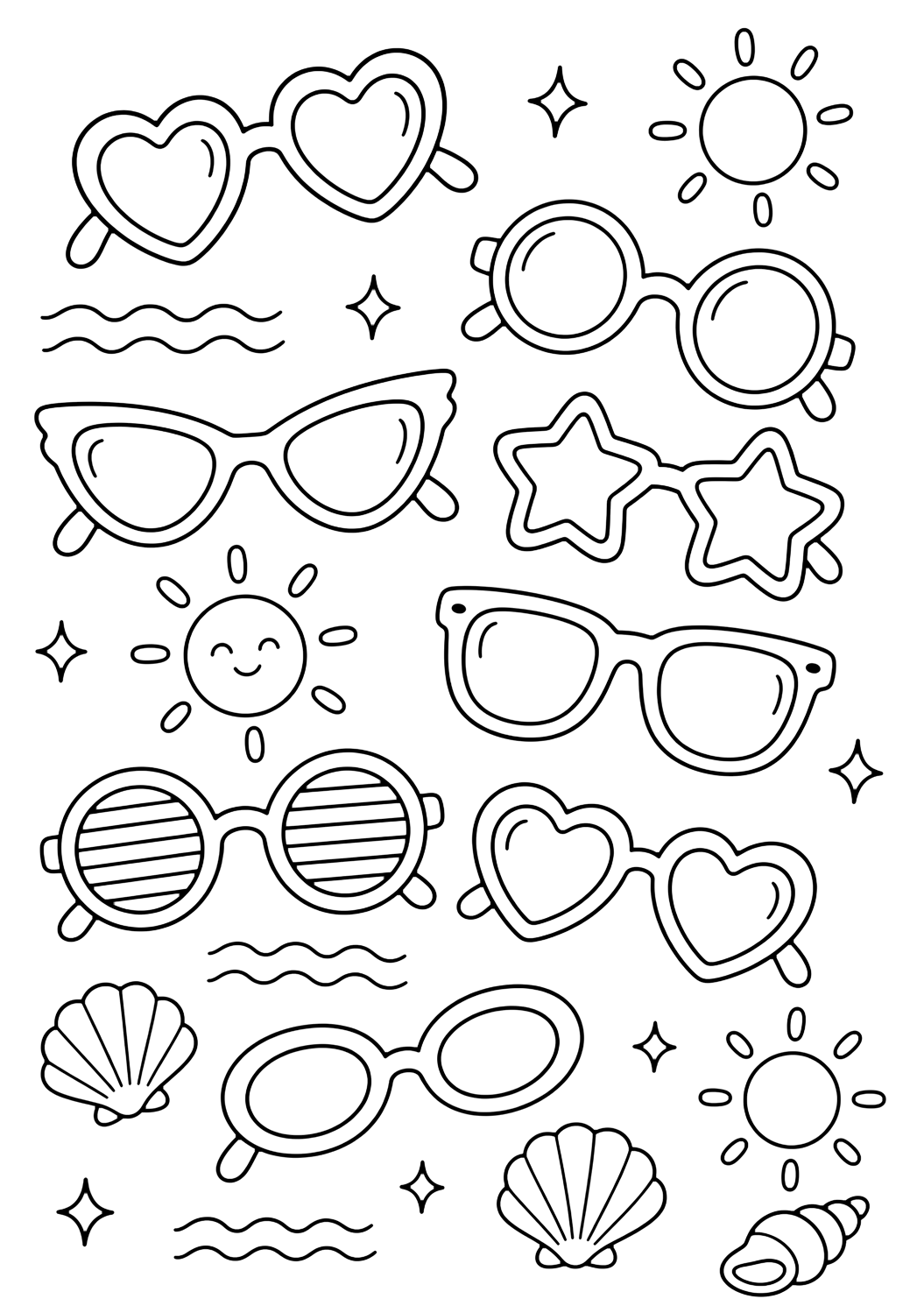 Лятна doodle картинка за оцветяване с слънчеви очила doodle. Подходяща за деца, печат и онлайн оцветяване.