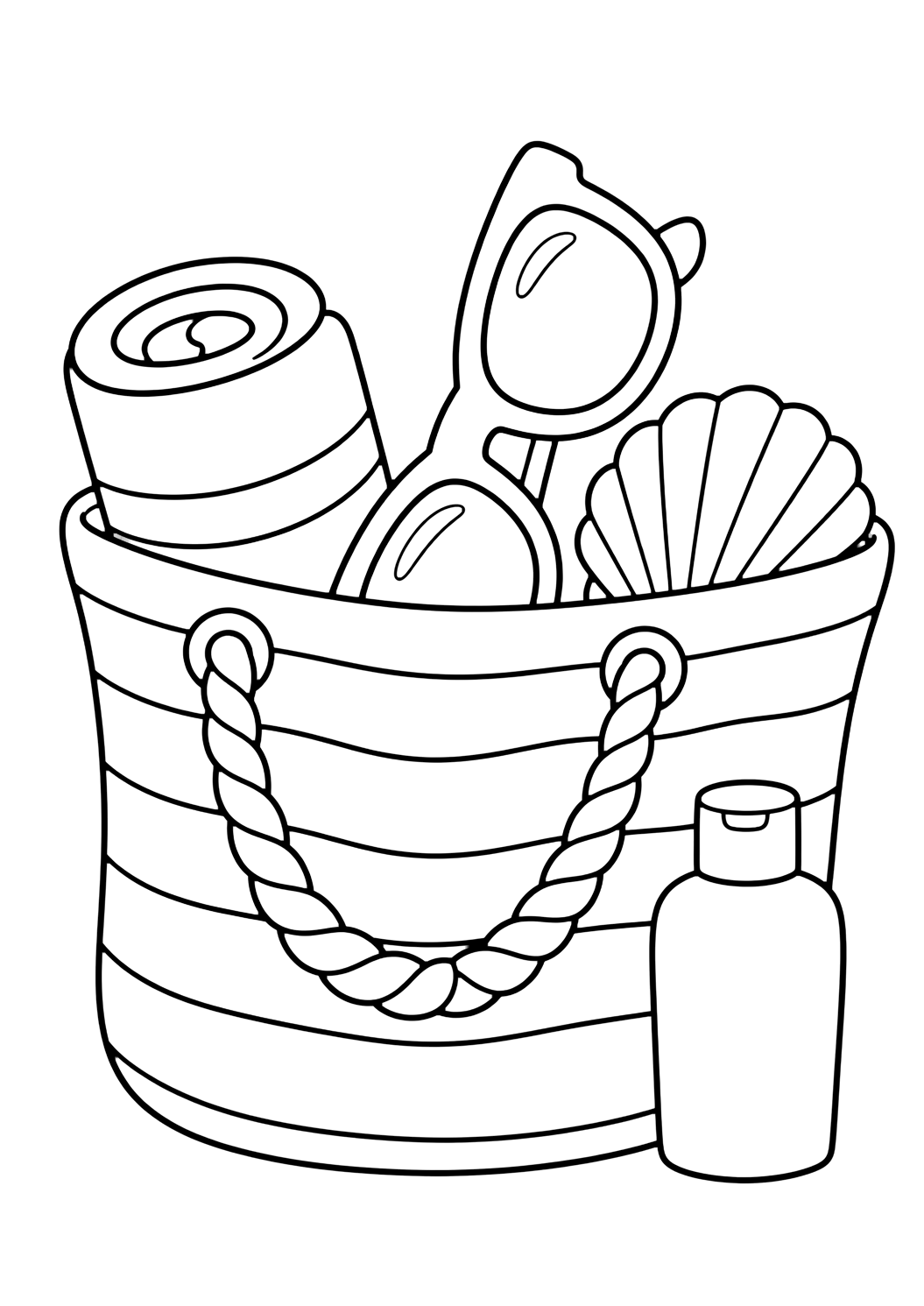sunglasses in a beach bag coloring page with an open beach bag with sunglasses sticking out, a rolled towel, shell, and blank sunscreen bottle