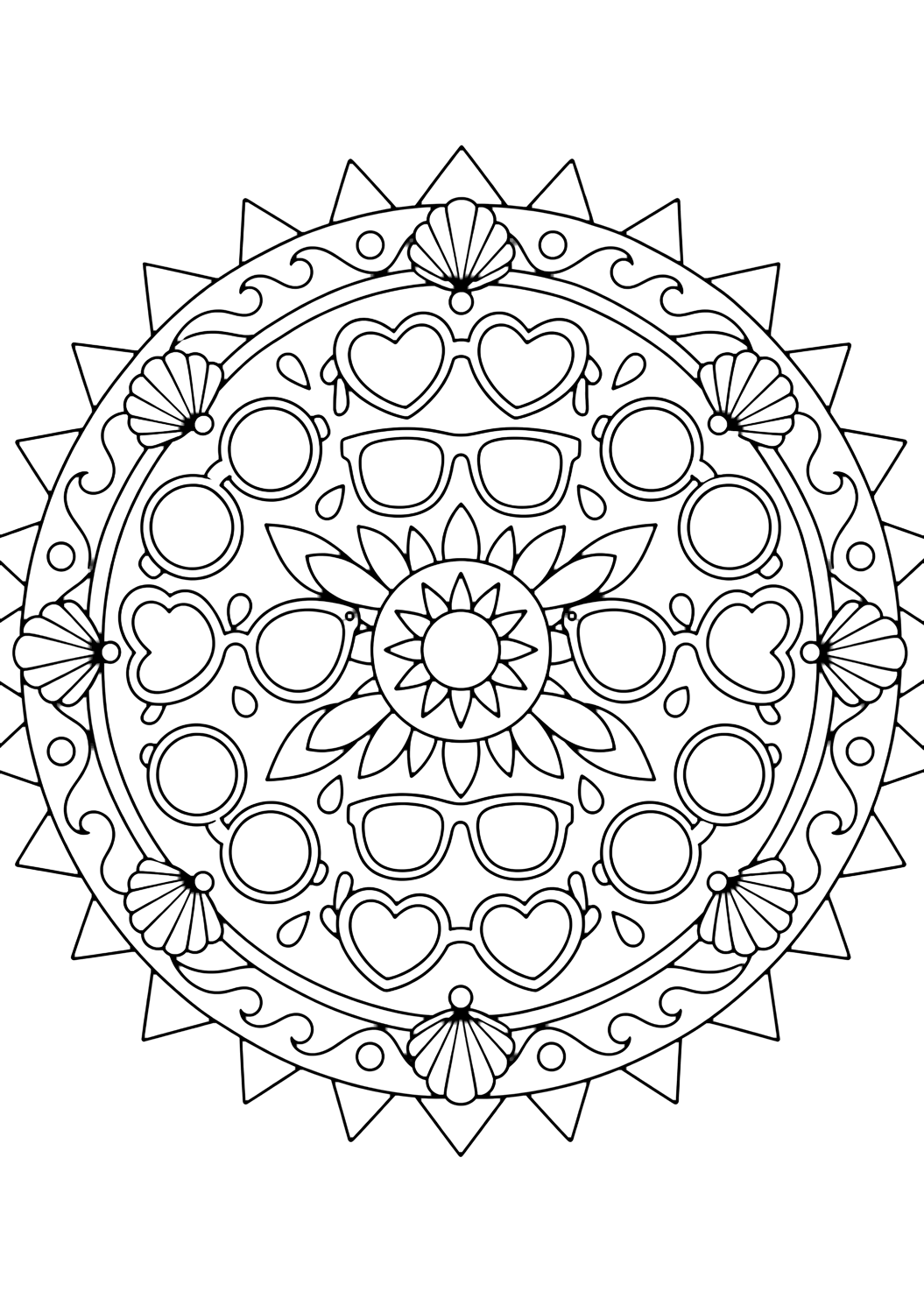 Disegno di occhiali da sole con mandala con occhiali da sole. Adatto a stampa, download, colorazione online e attività estive.