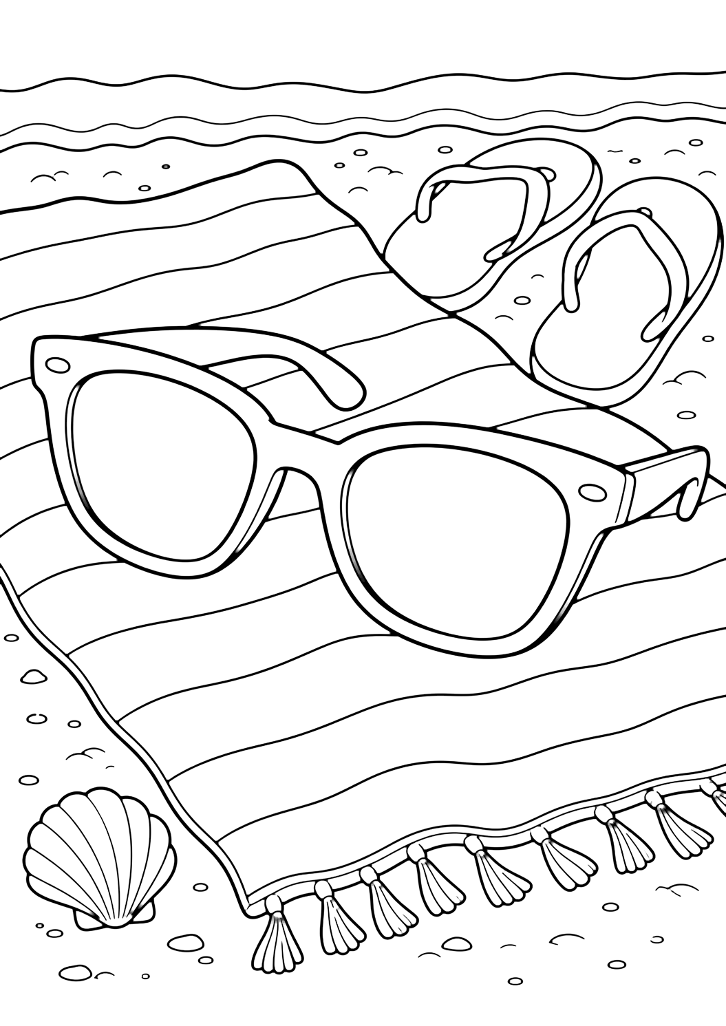 sunglasses on a beach towel coloring page with sunglasses resting on a striped beach towel with flip-flops and a small shell nearby