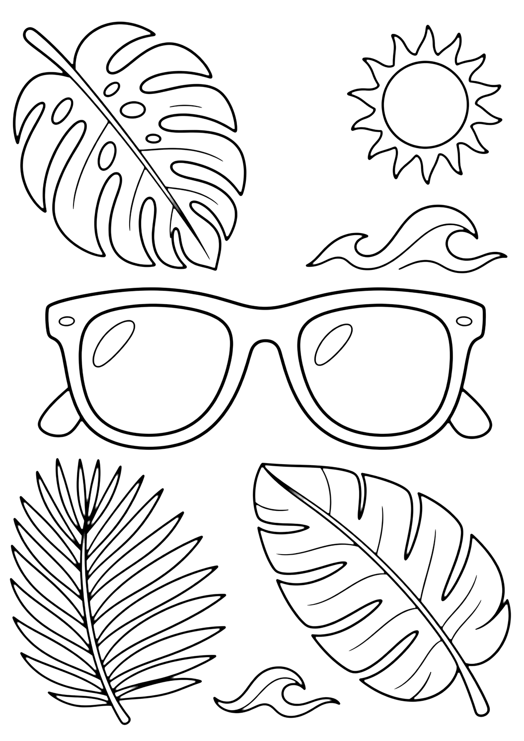 Disegno di occhiali da sole con occhiali da sole con foglie di palma. Adatto a stampa, download, colorazione online e attività estive.