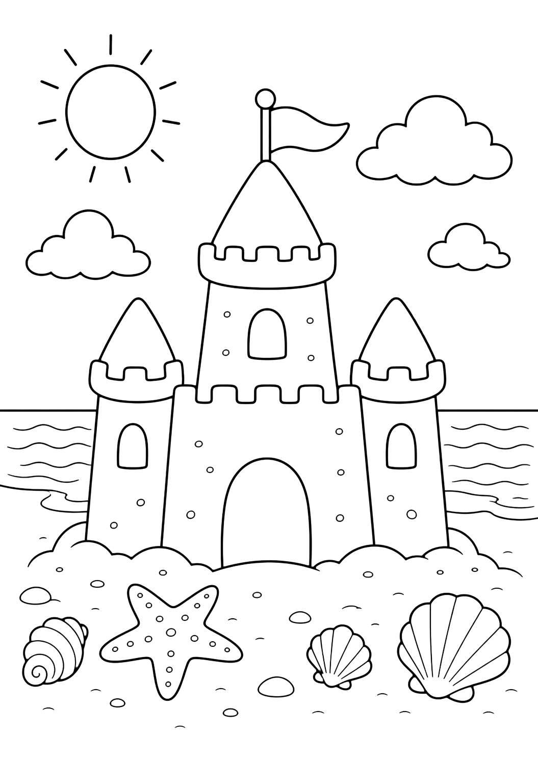 sunny beach sandcastle coloring page with a sandcastle under a simple sun with short rays, a few clouds, shells, and a calm beach background for kids