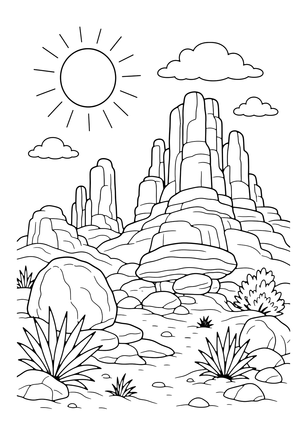 sunny red rocks coloring page with sunny red rock formations with a round sun, simple rays, boulders, plants, and clouds for kids