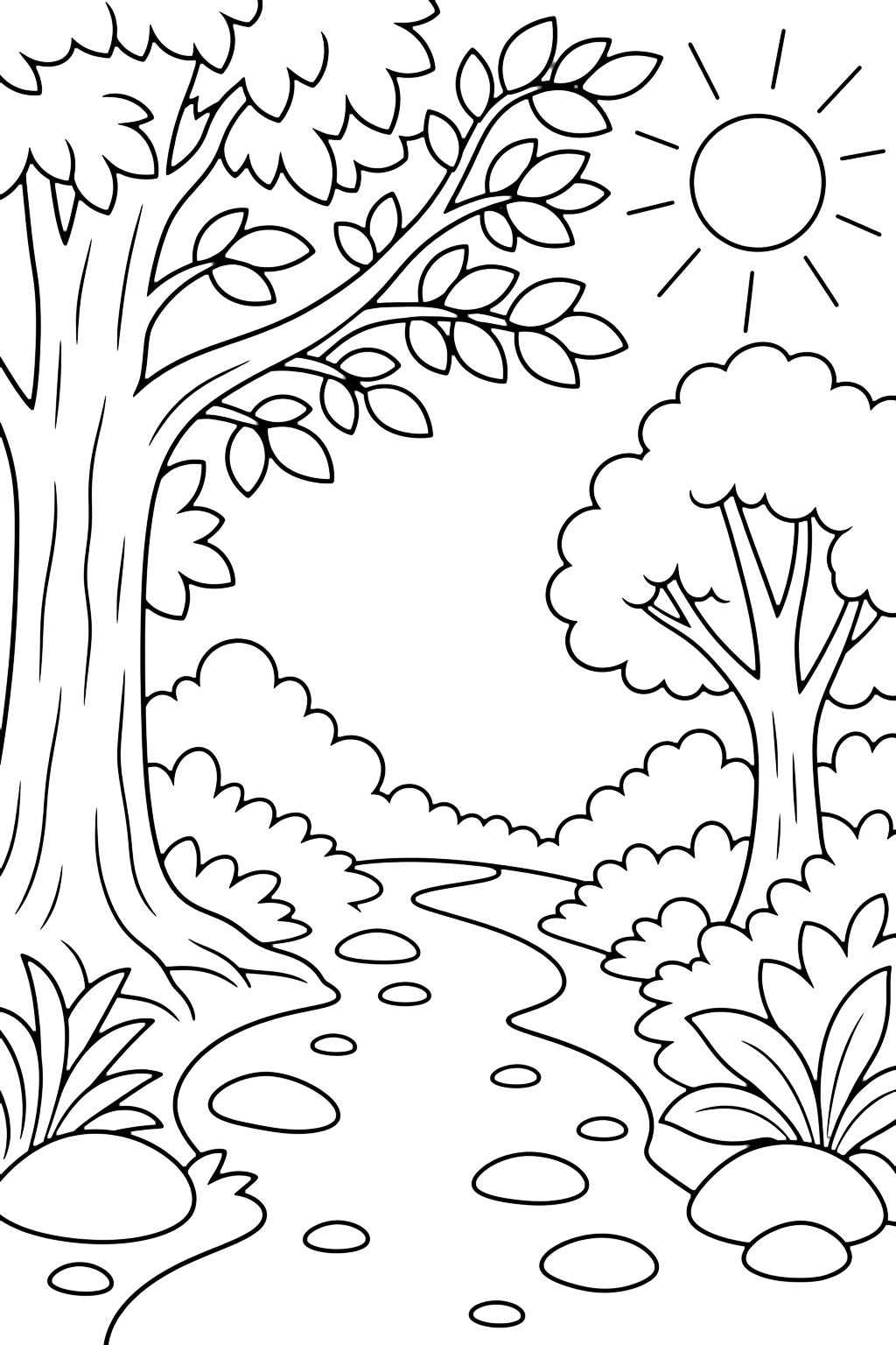 Sendero soleado del bosque para colorear