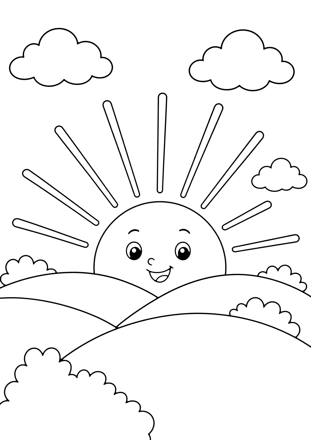 Coloriage de soleil avec lever de soleil. Idéal pour enfants, été, impression et coloriage en ligne.